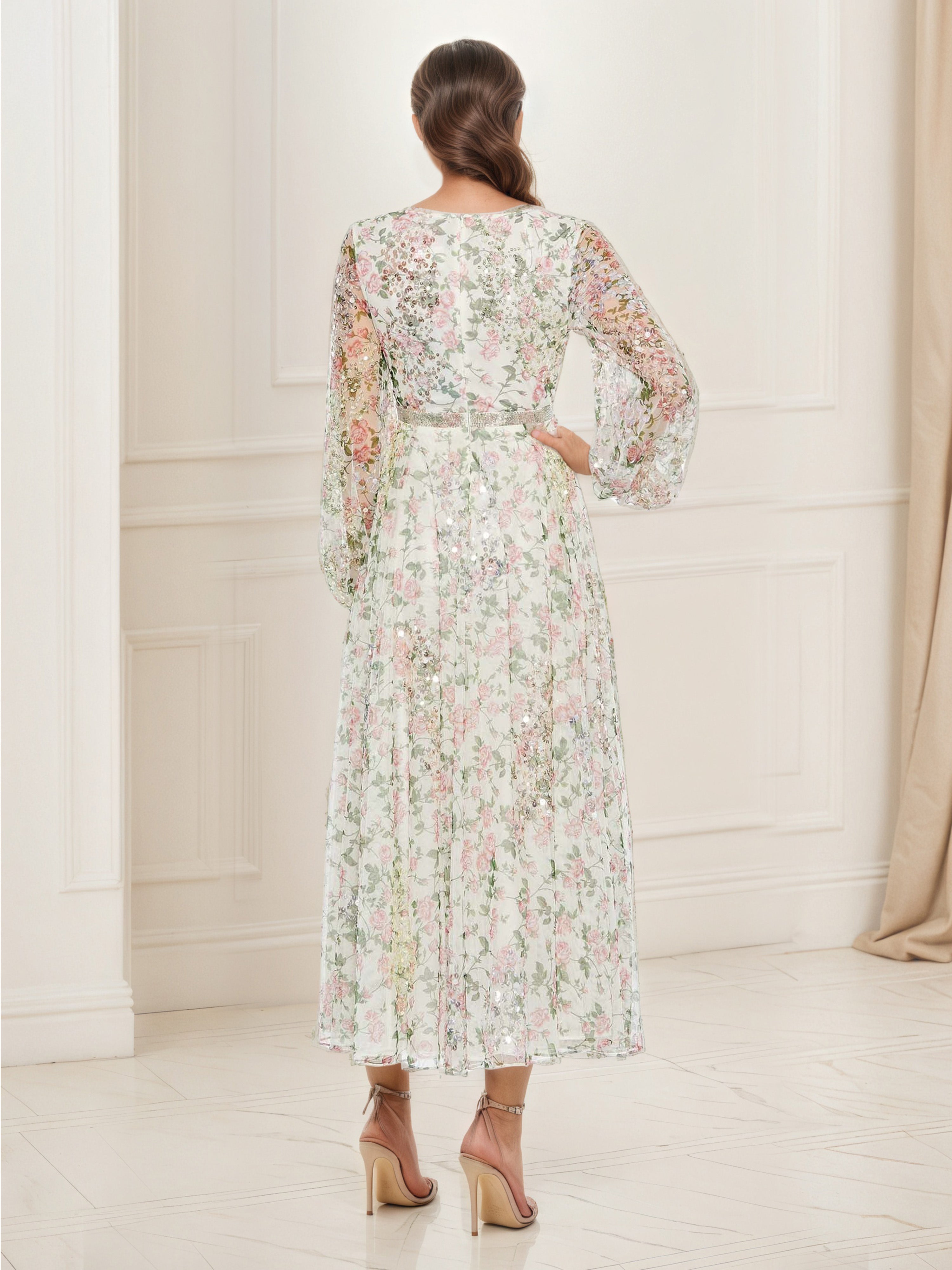 Ivory Prom Dress Long Sleeves Floral Tulle A-Line Deep V-Neck Prom Dress