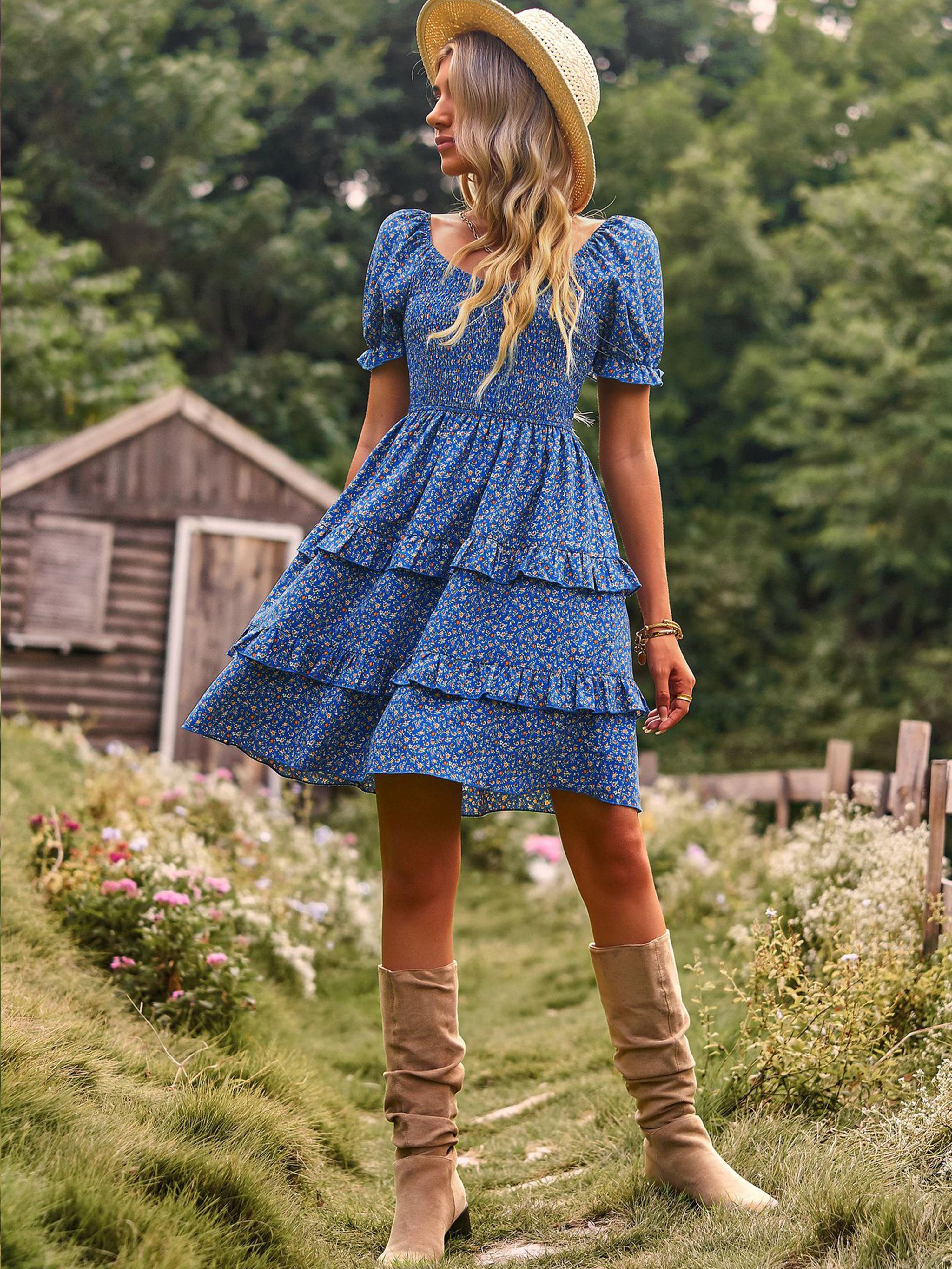 Blue Floral Off The Shoulder Short Sleeves Layers Wedding Guest Dress