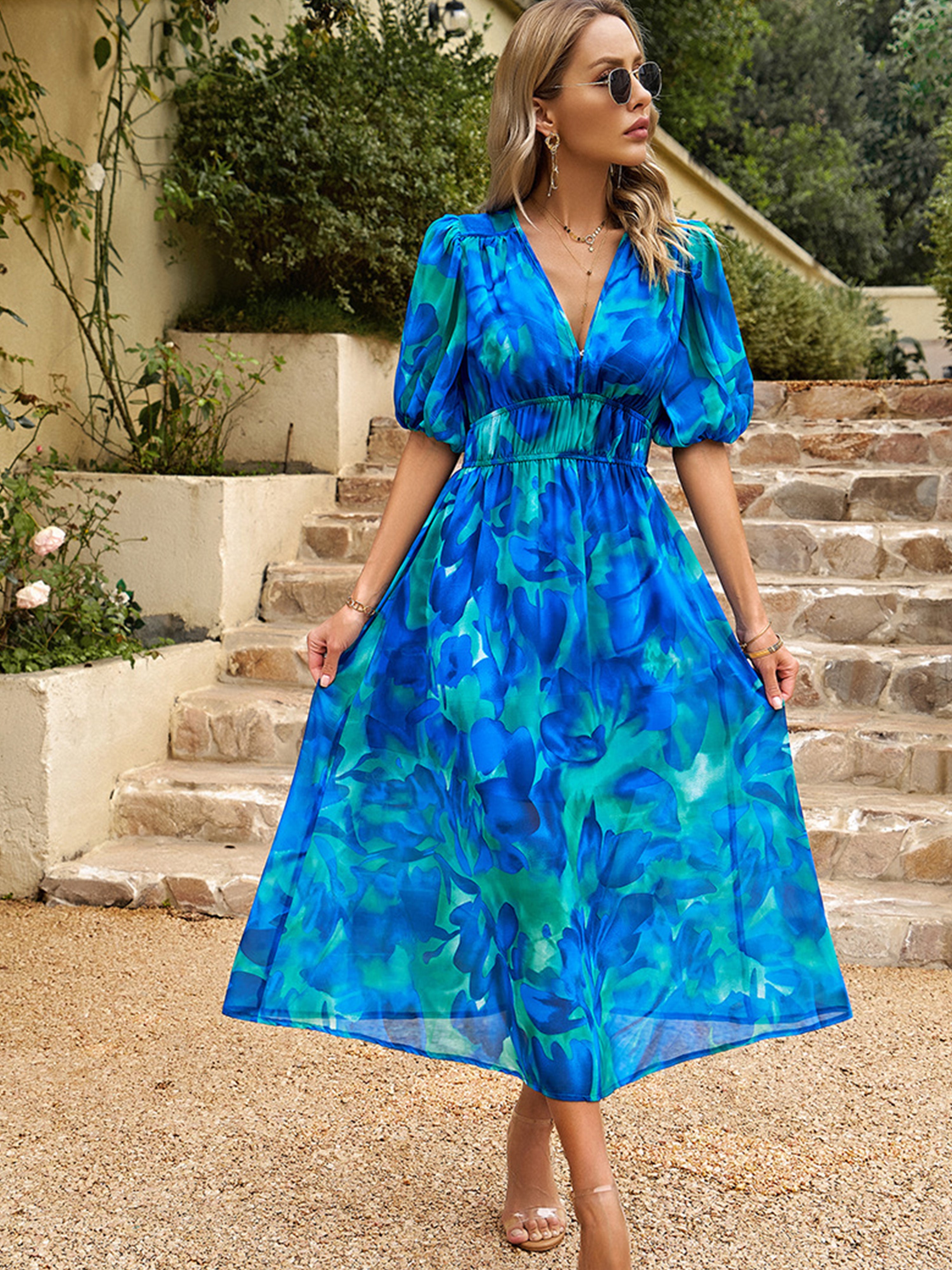 V Neck Ankle Length Short Sleeves Blue Wedding Guest Dress