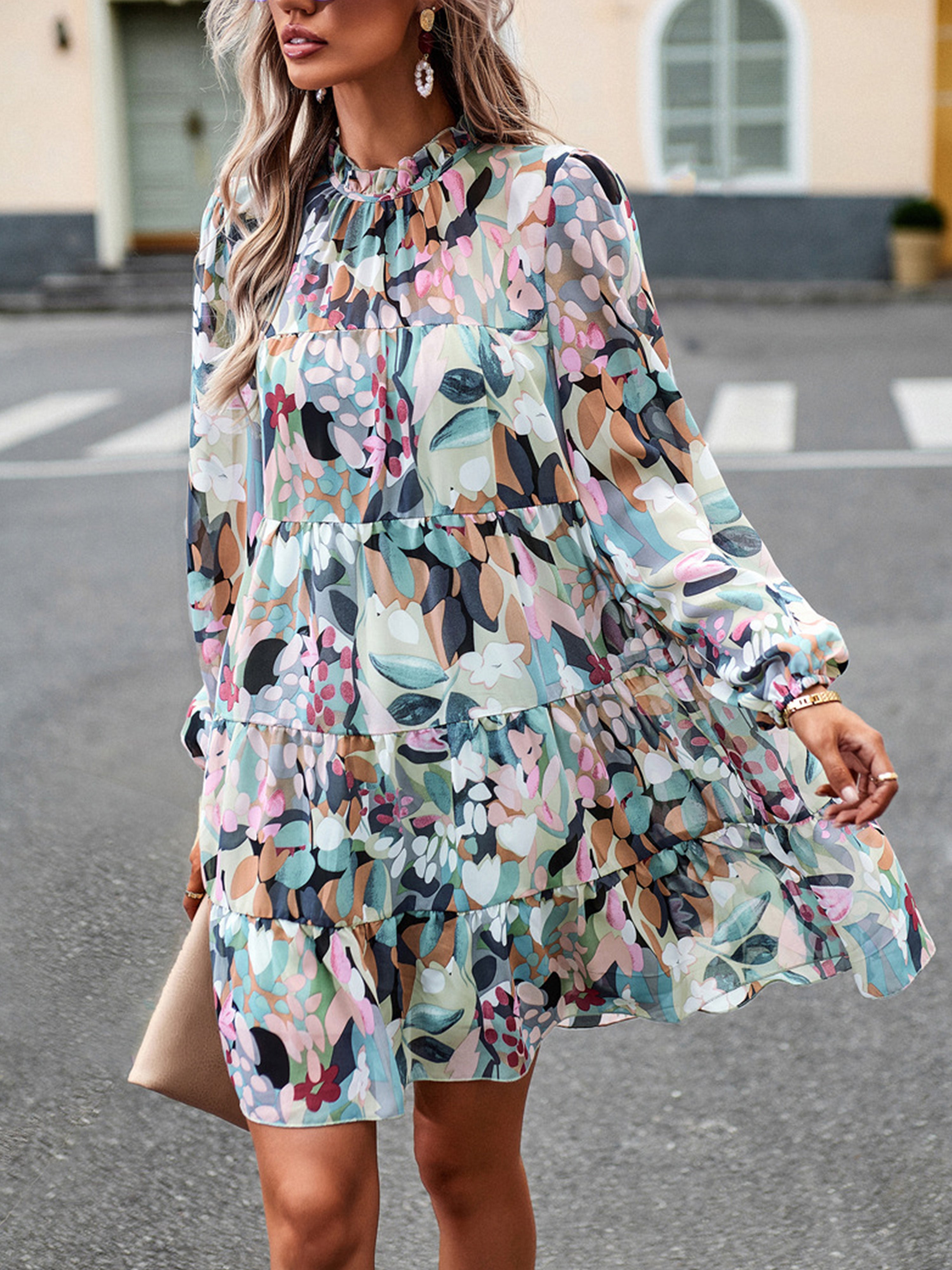 Cowl Elegant Floral Long Sleeves Mint Green Wedding Guest Dress