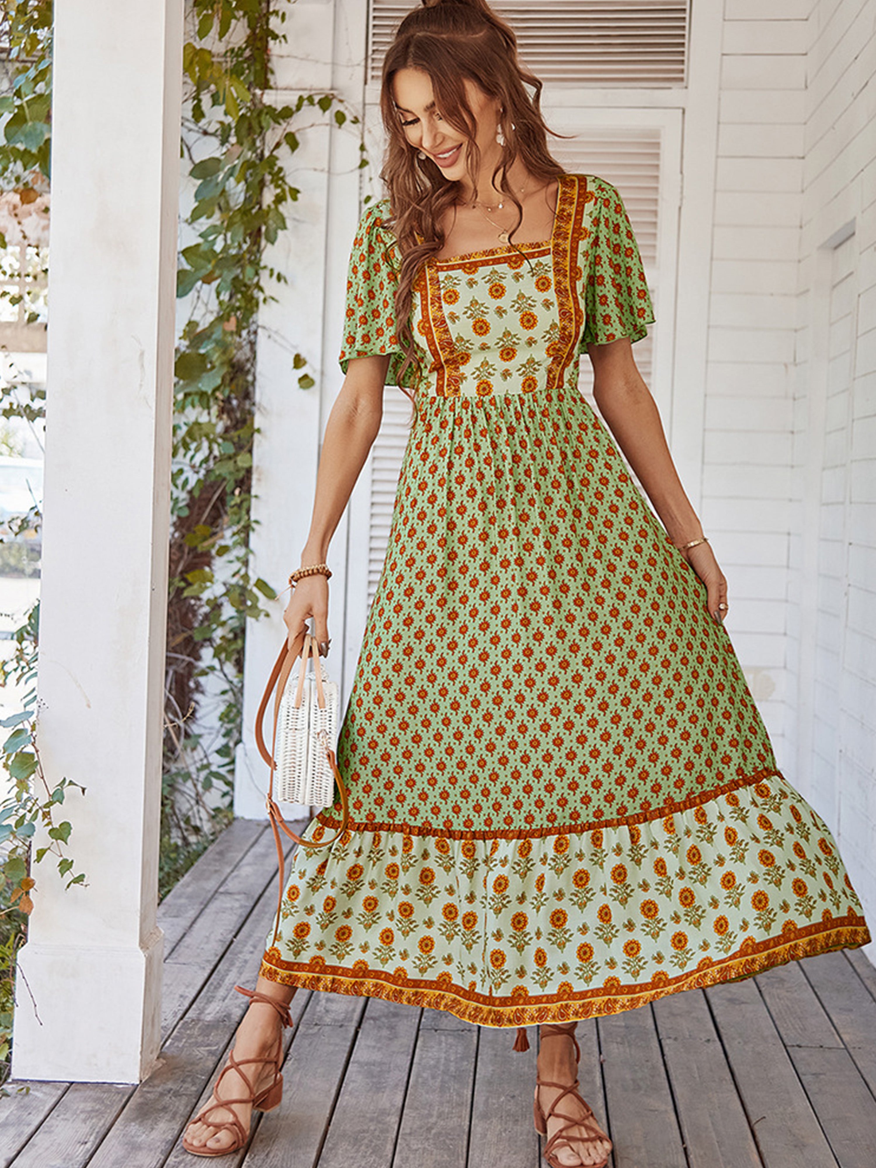 Floral Square Neckline Short Sleeves Green Ankle Length Wedding Guest Dress