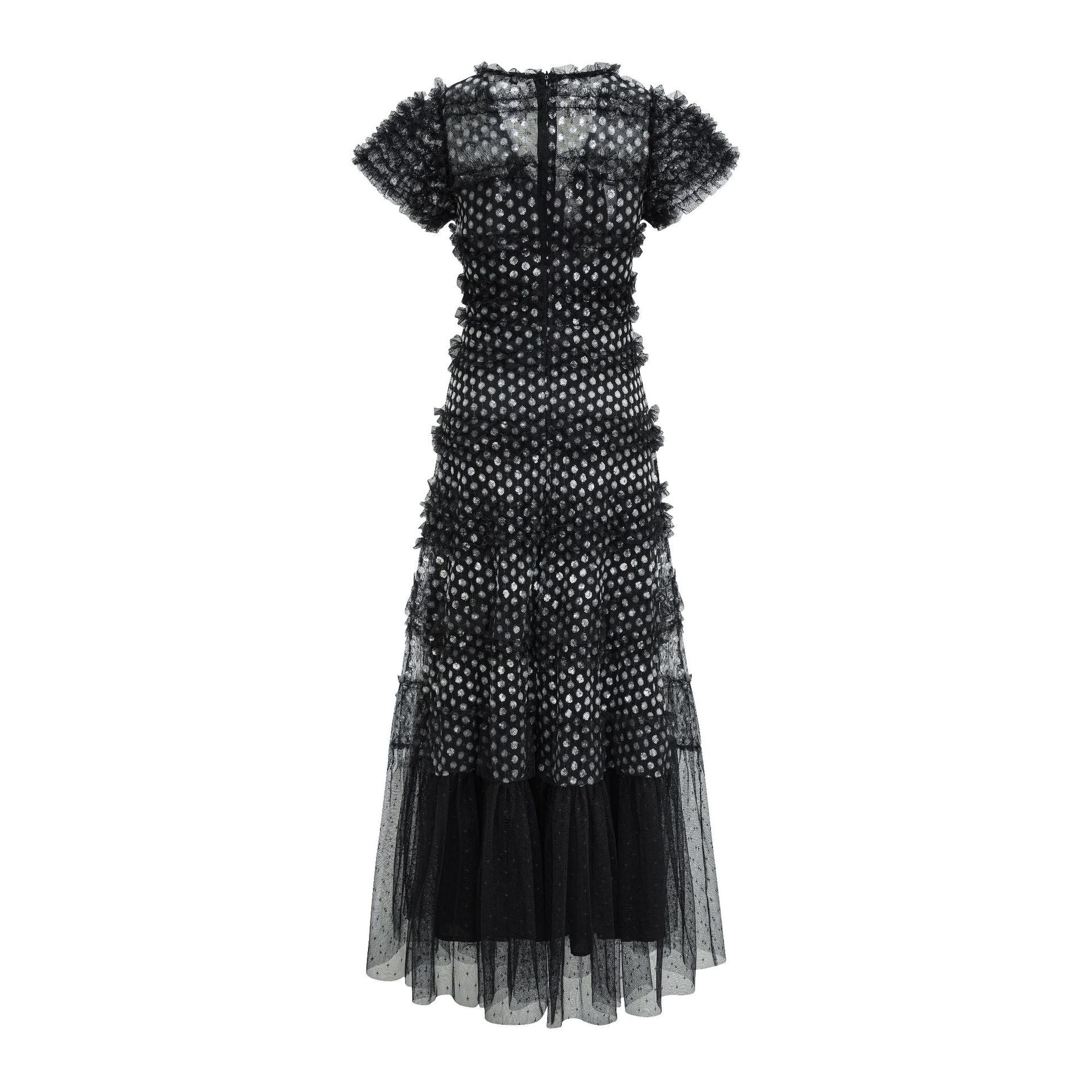 Black Sparkly V-neck Short Sleeves Sequins Long Prom Dress