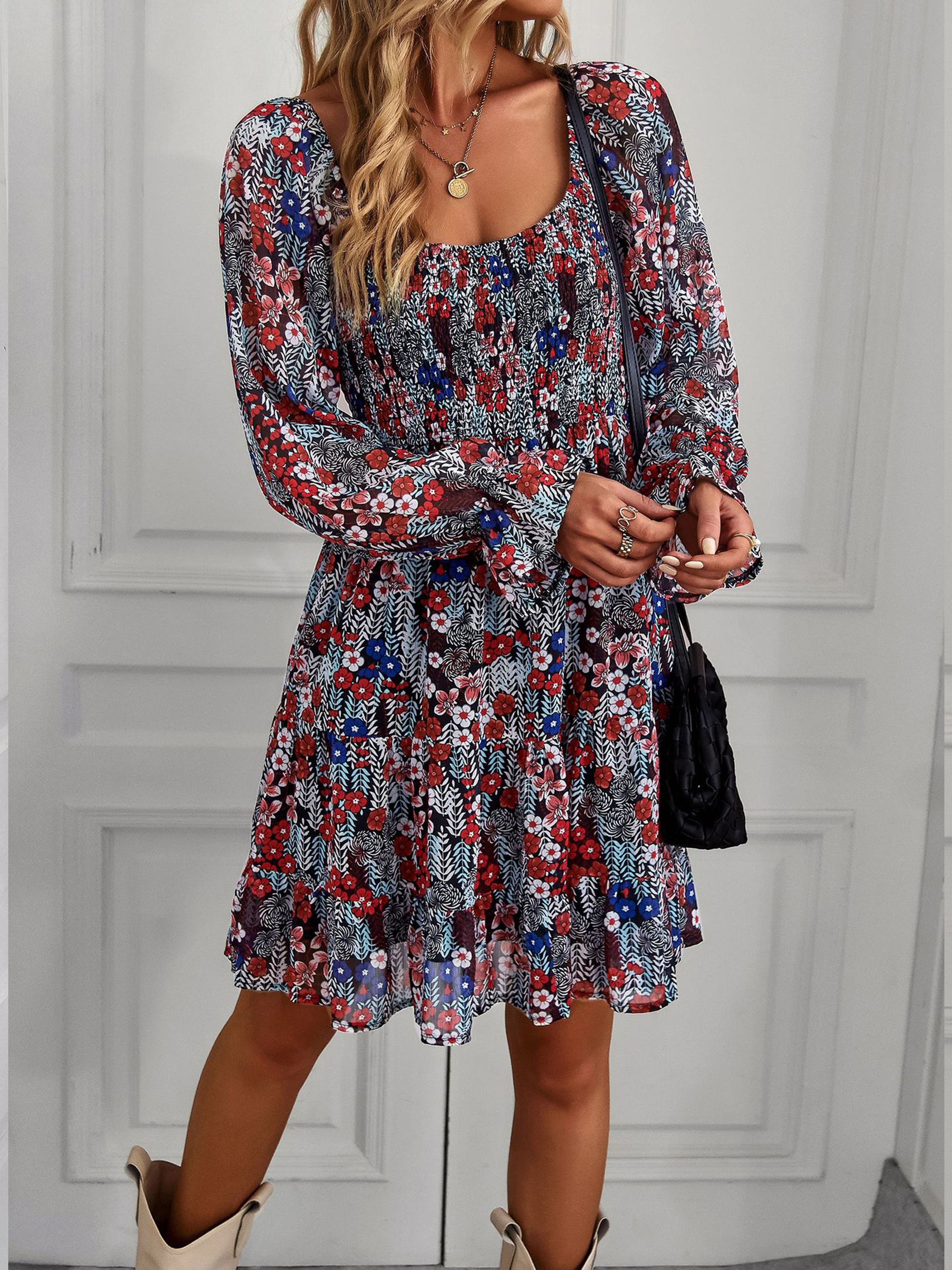 Off The Shoulder Sleeves U Neck Floral Wedding Guest Dress In Red