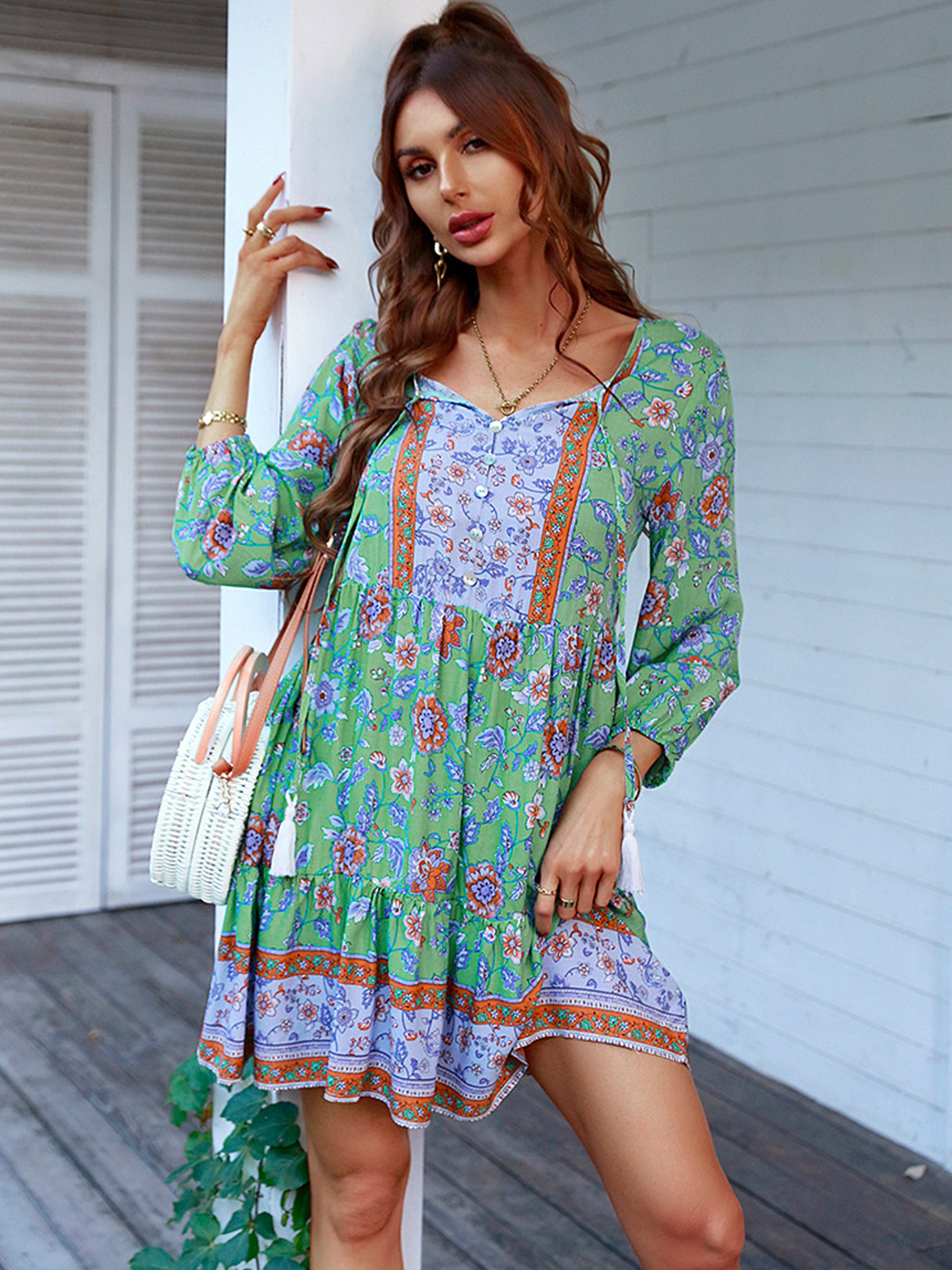 Boho Floral V Neck Long Sleeves Green Short Wedding Guest Dress
