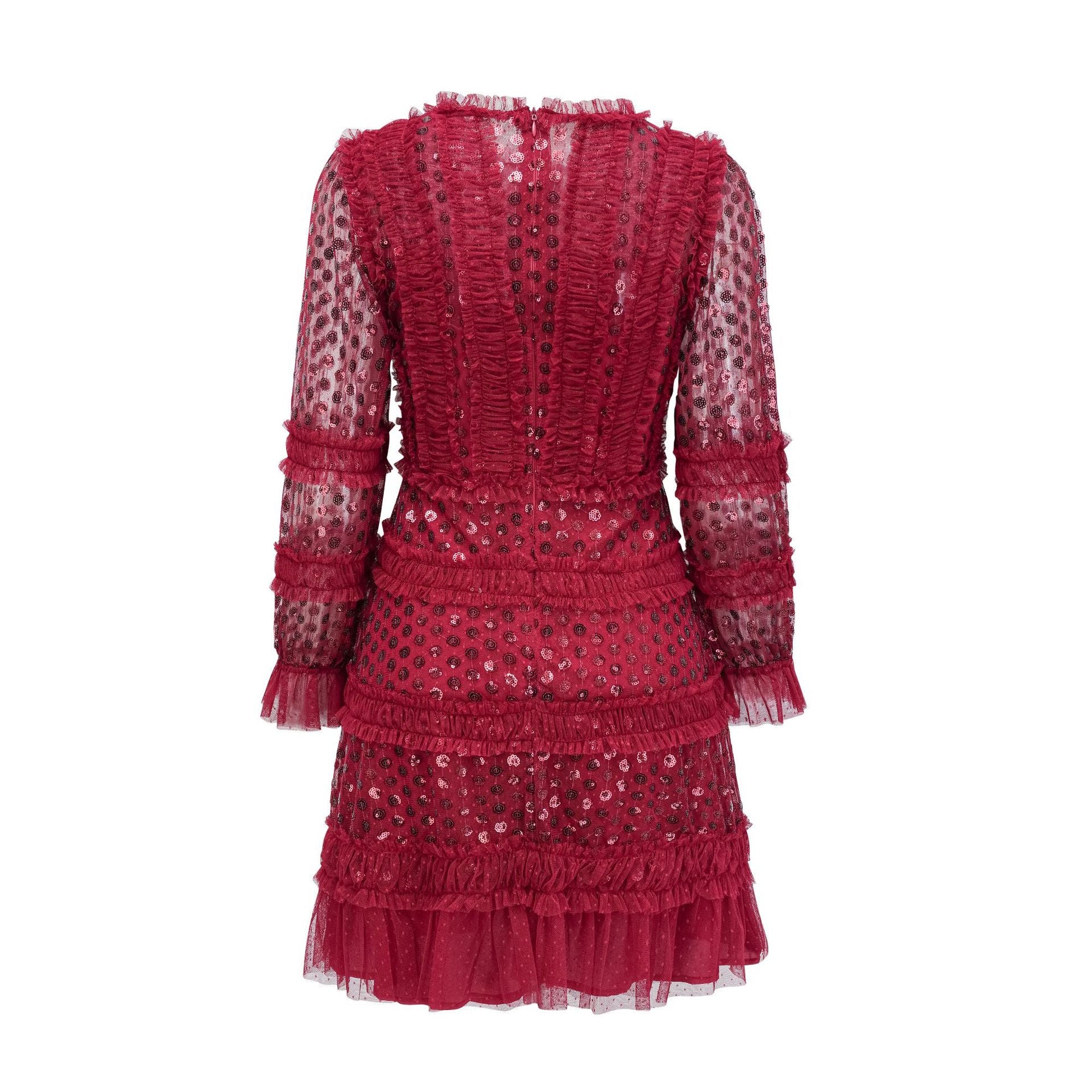 Shiny Red Round Neck Sequins Long Sleeves Short Prom dress
