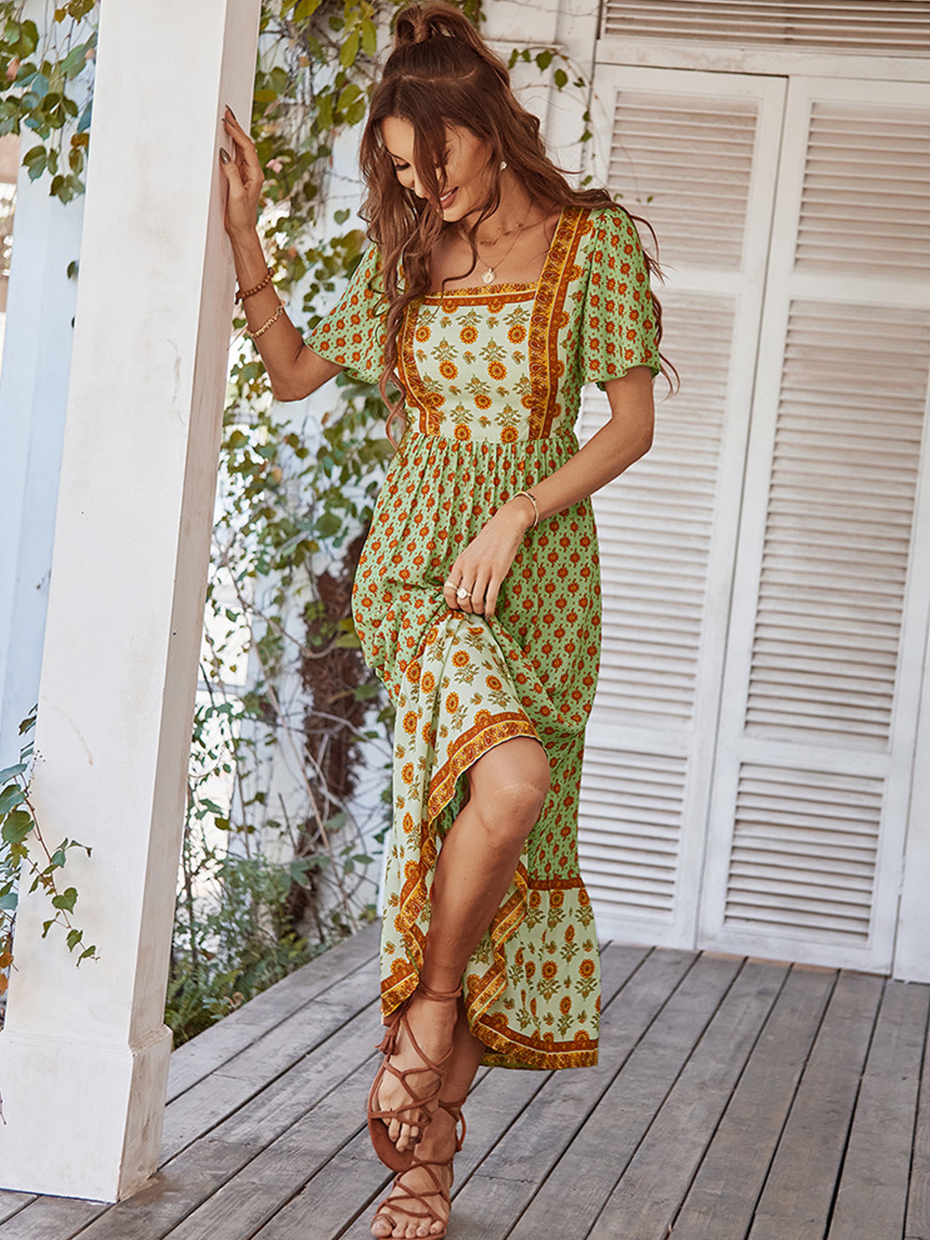 Floral Square Neckline Short Sleeves Green Ankle Length Wedding Guest Dress