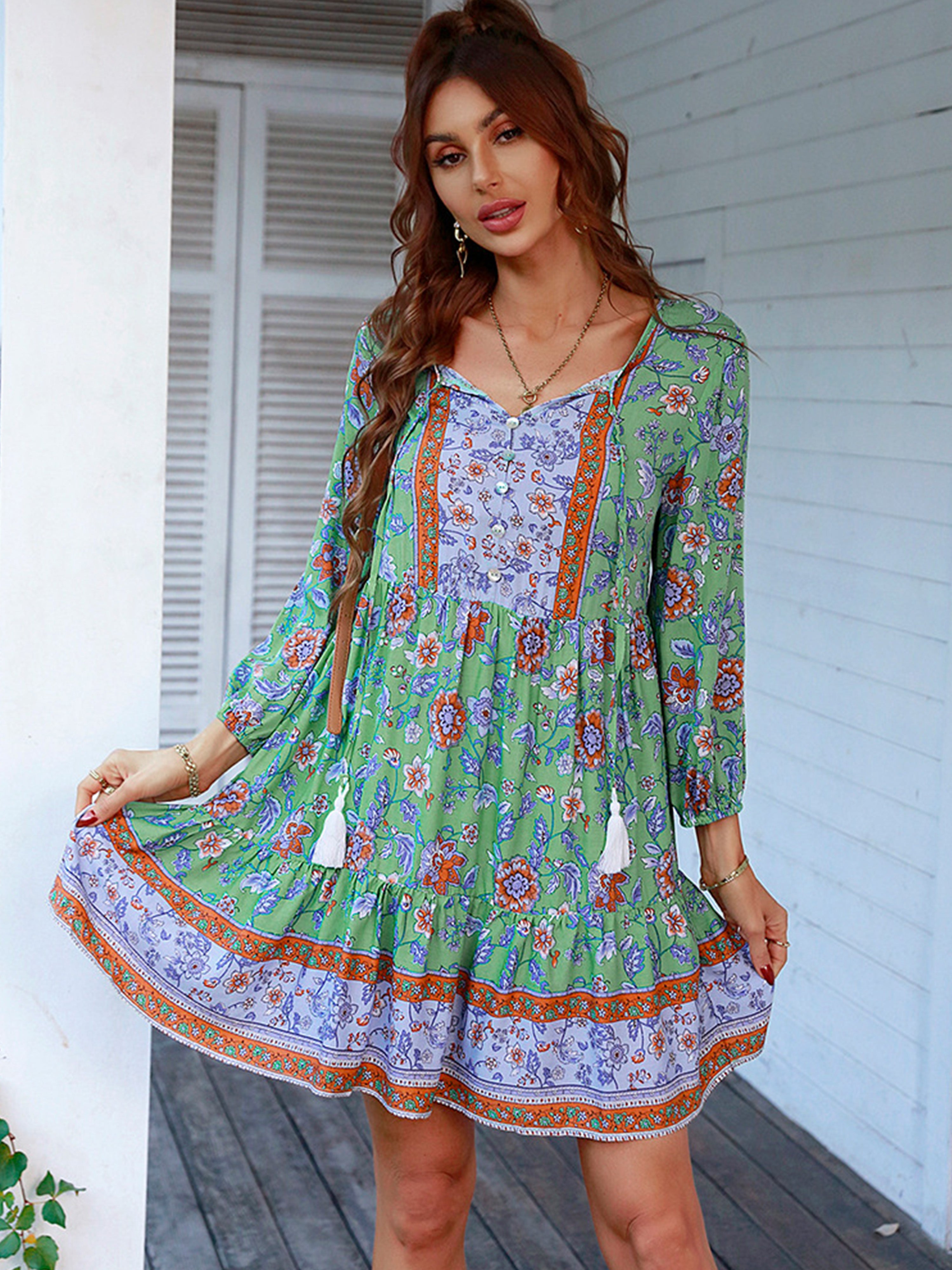 Boho Floral V Neck Long Sleeves Green Short Wedding Guest Dress