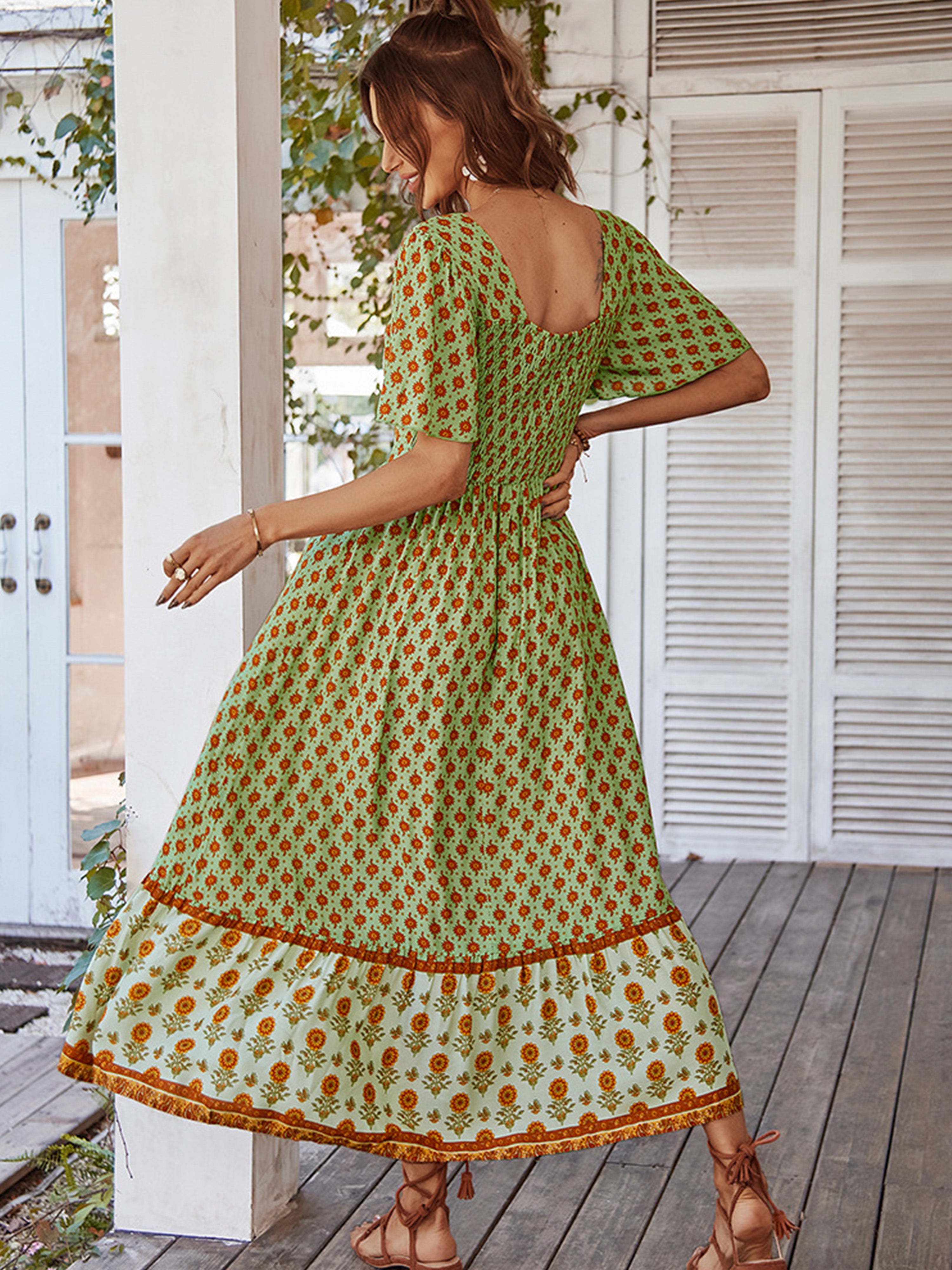 Floral Square Neckline Short Sleeves Green Ankle Length Wedding Guest Dress