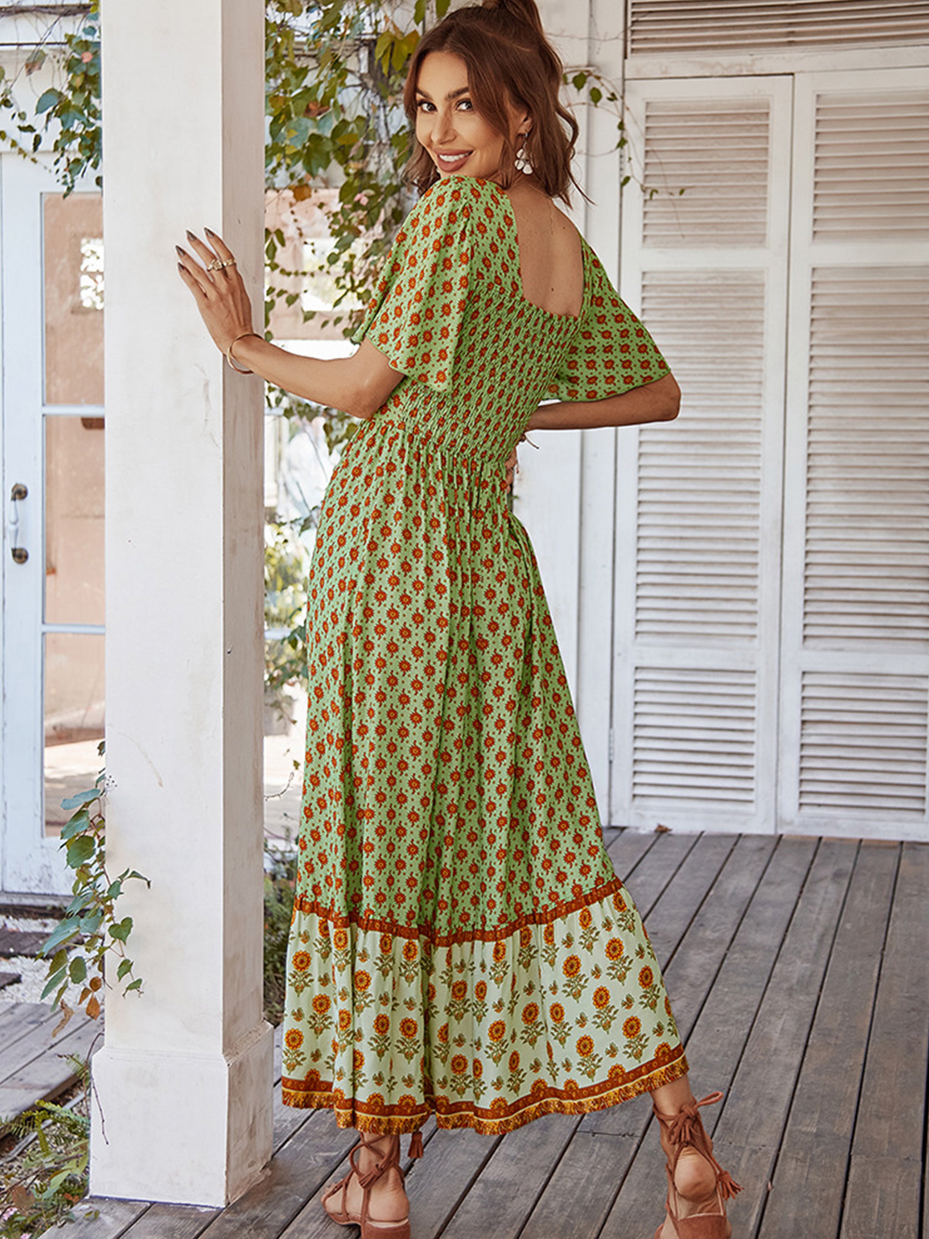Floral Square Neckline Short Sleeves Green Ankle Length Wedding Guest Dress