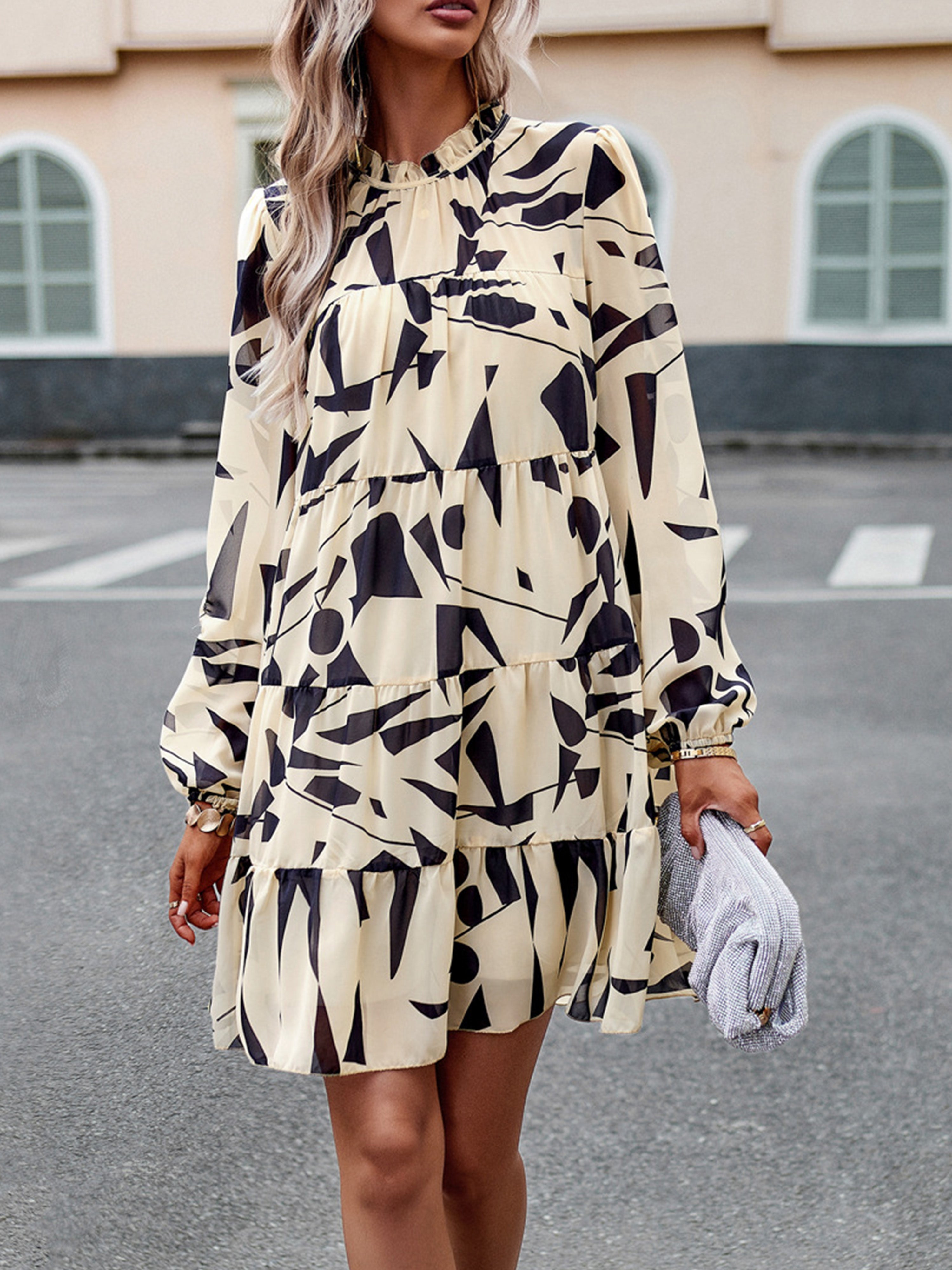 Cowl Elegant Floral Long Sleeves Apricot Wedding Guest Dress