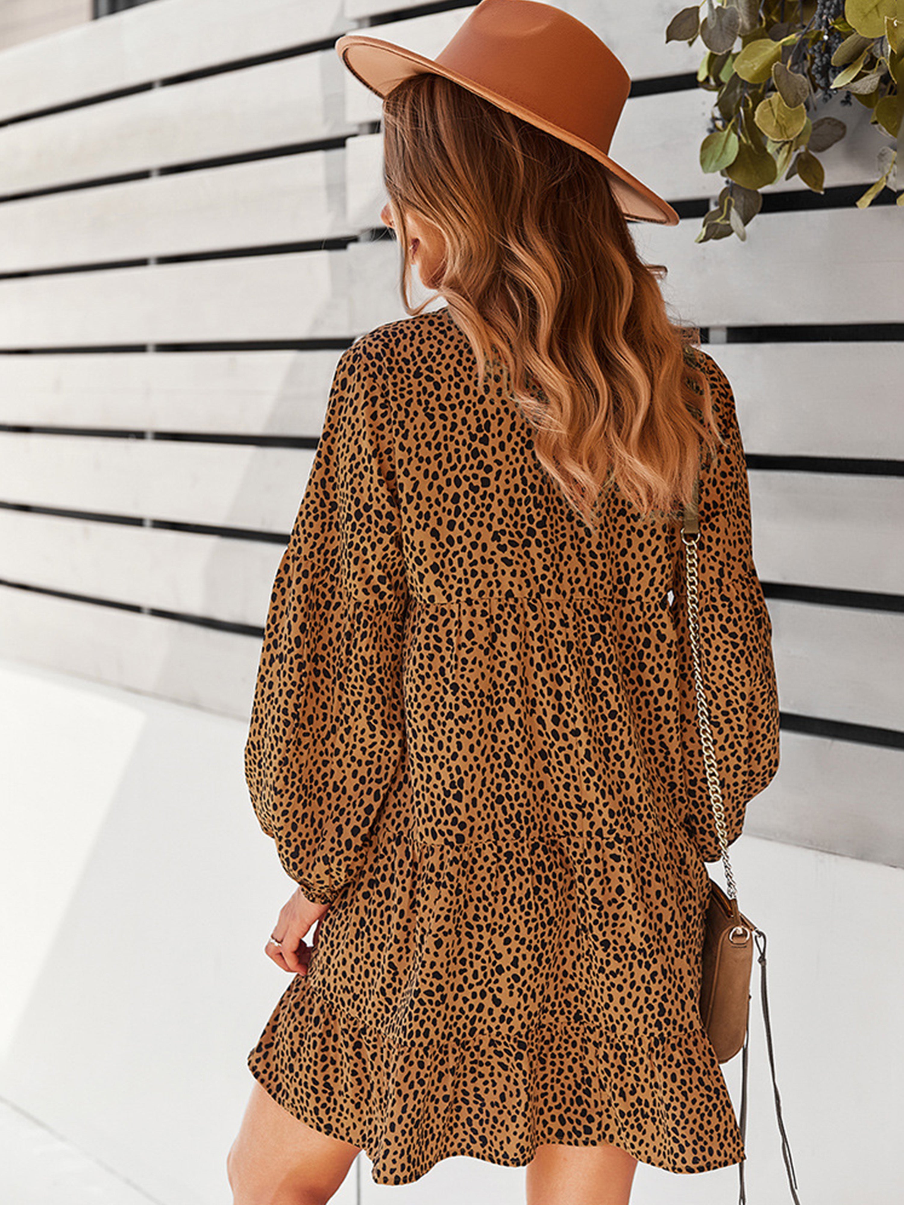 A Line Long Sleeves Brown Leopard Print Wedding Guest Dress