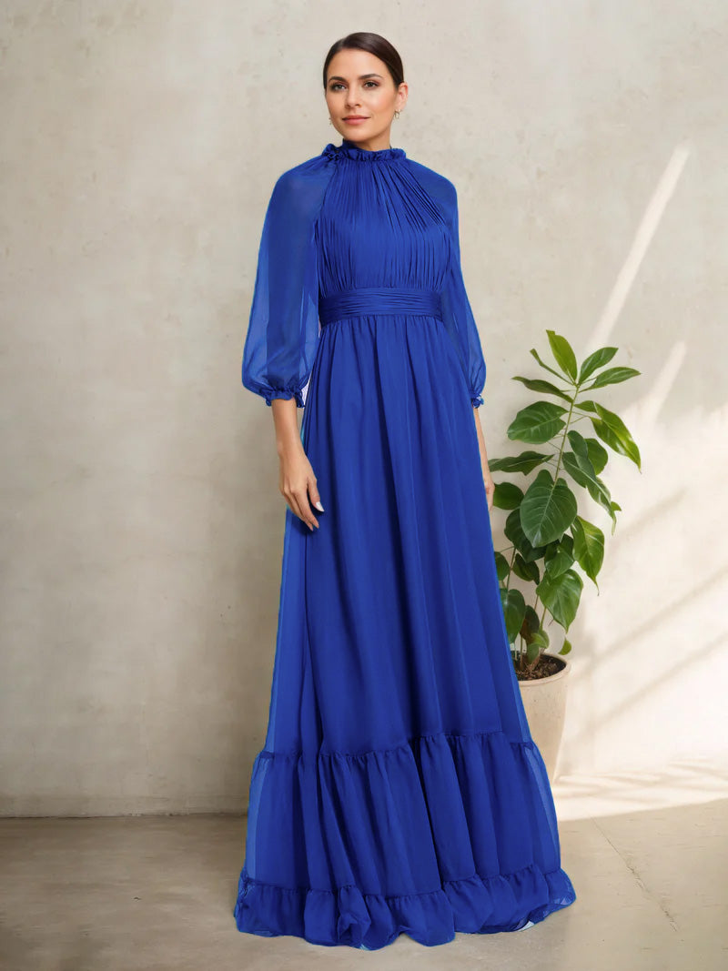 Illusion 3/4 Sleeves High Neck Royal Blue Mother Of The Bride Dress