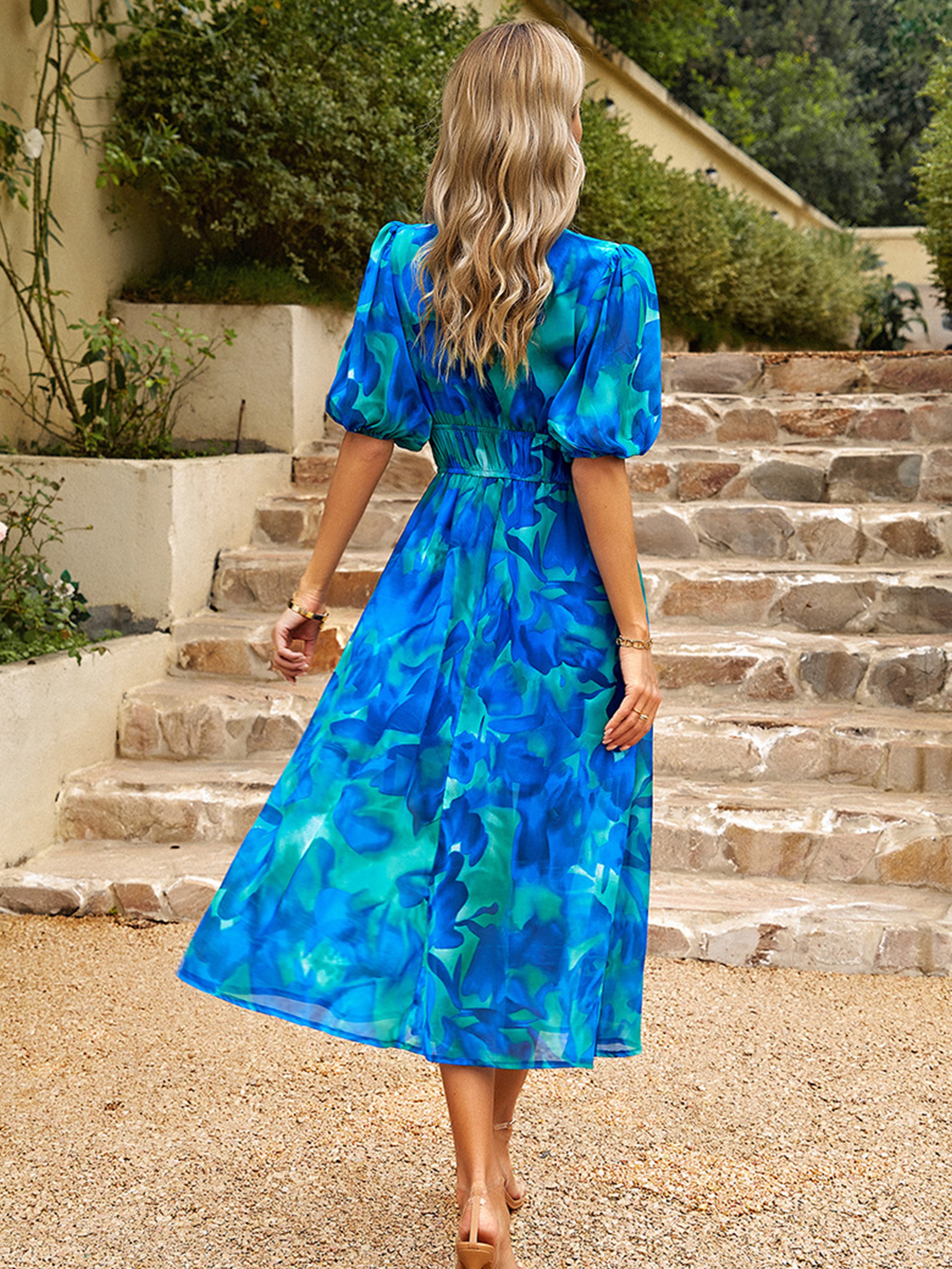 V Neck Ankle Length Short Sleeves Blue Wedding Guest Dress