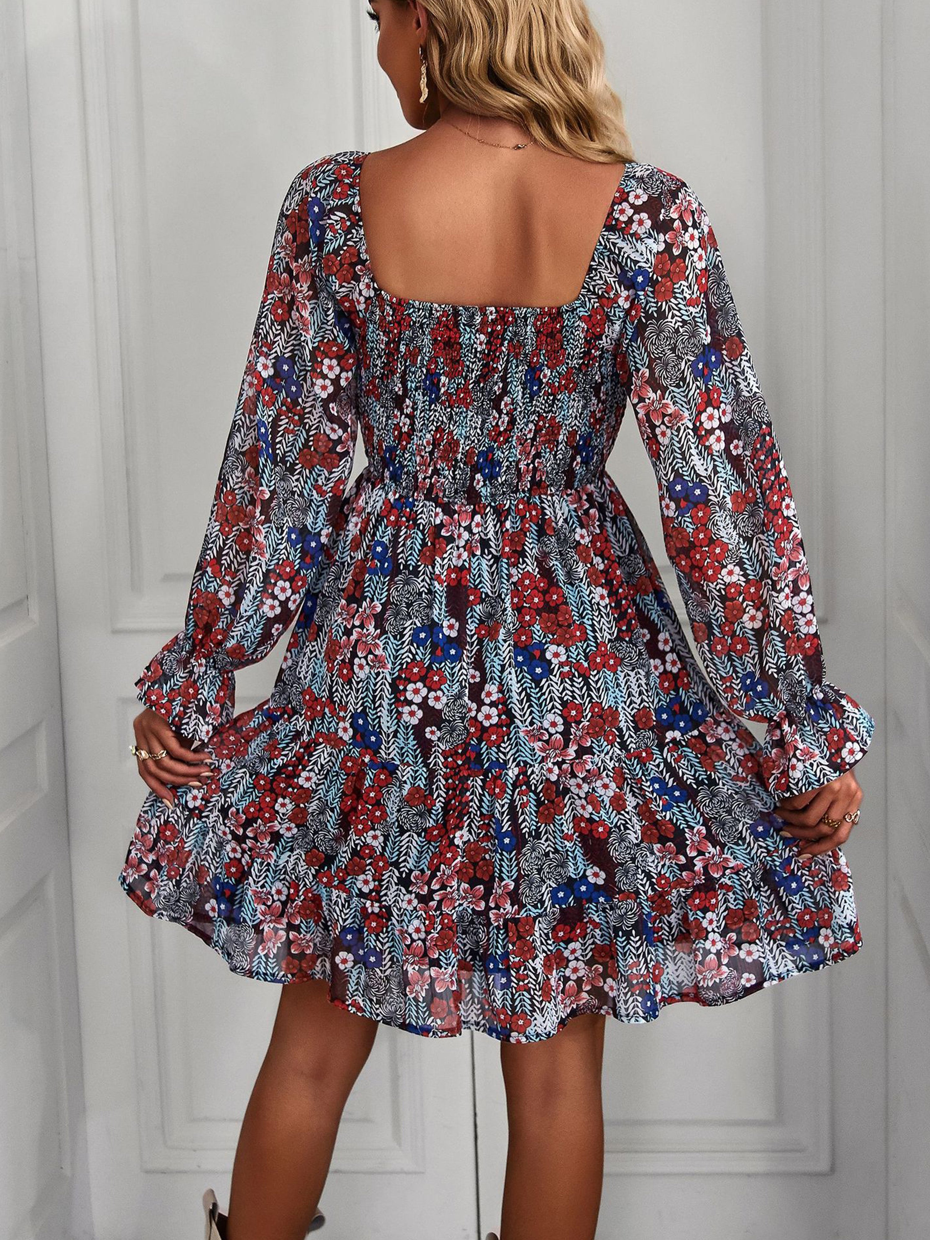 Off The Shoulder Sleeves U Neck Floral Wedding Guest Dress In Red