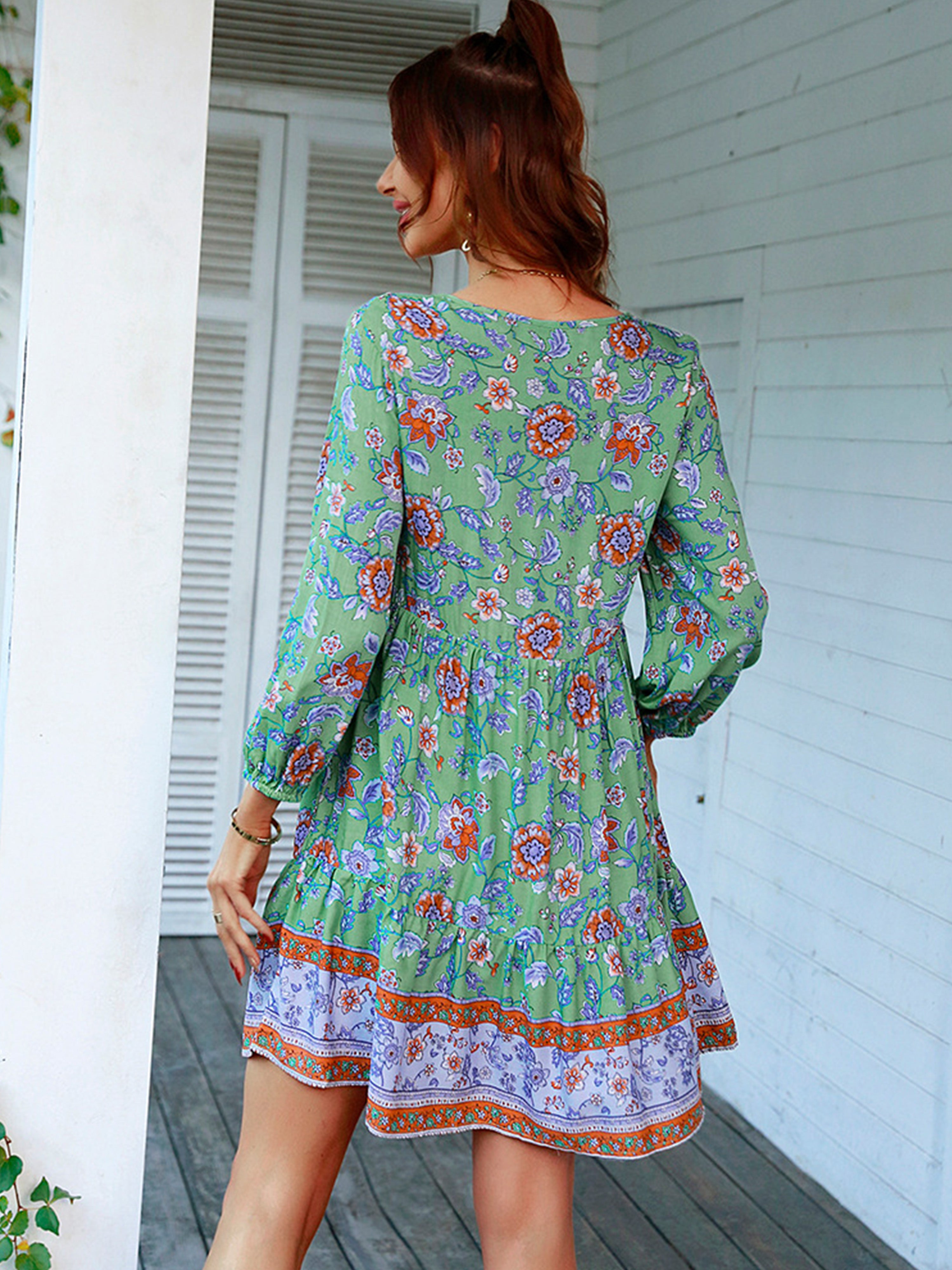 Boho Floral V Neck Long Sleeves Green Short Wedding Guest Dress