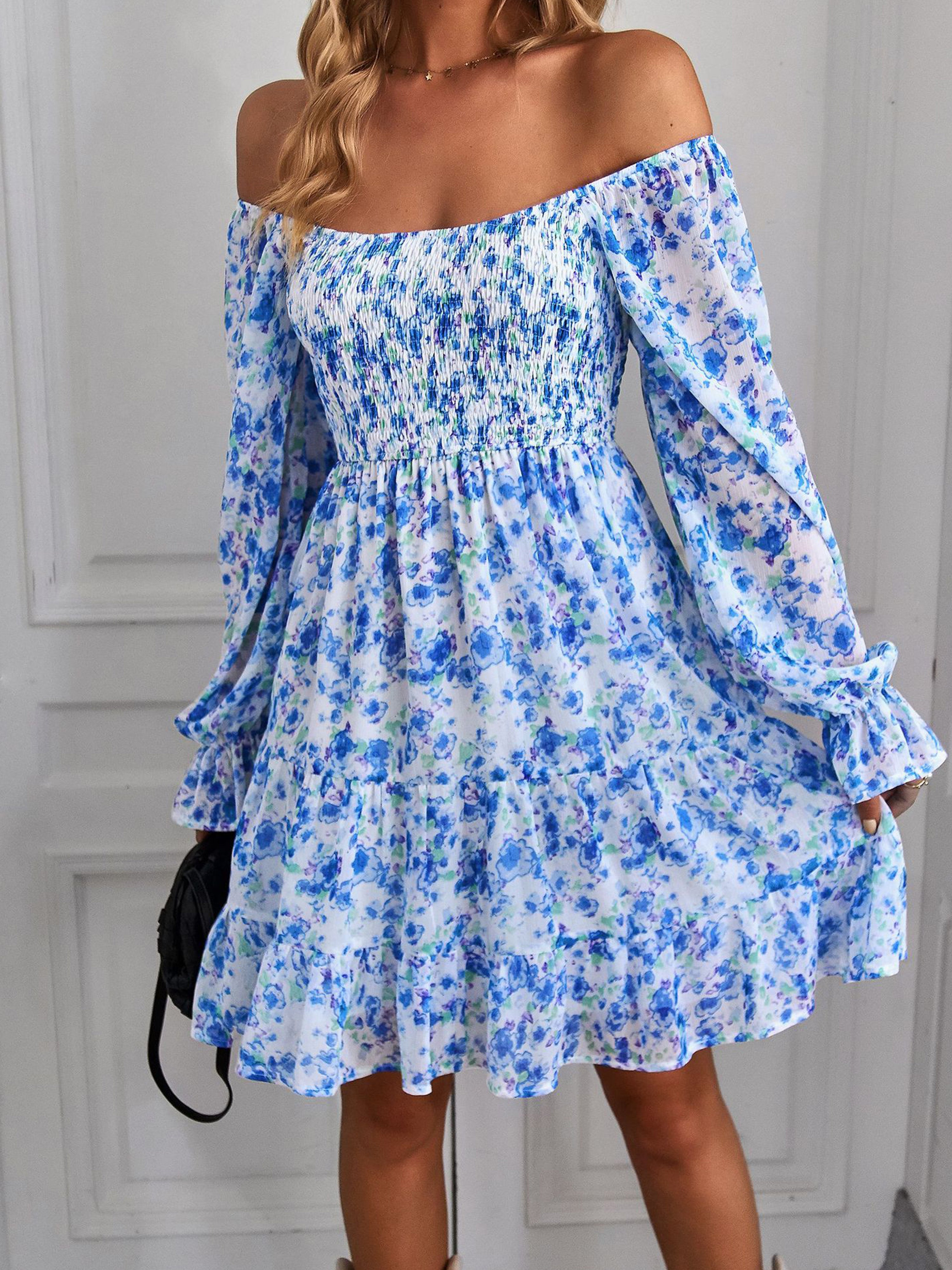 Off The Shoulder Sleeves U Neck Floral Wedding Guest Dress In Blue