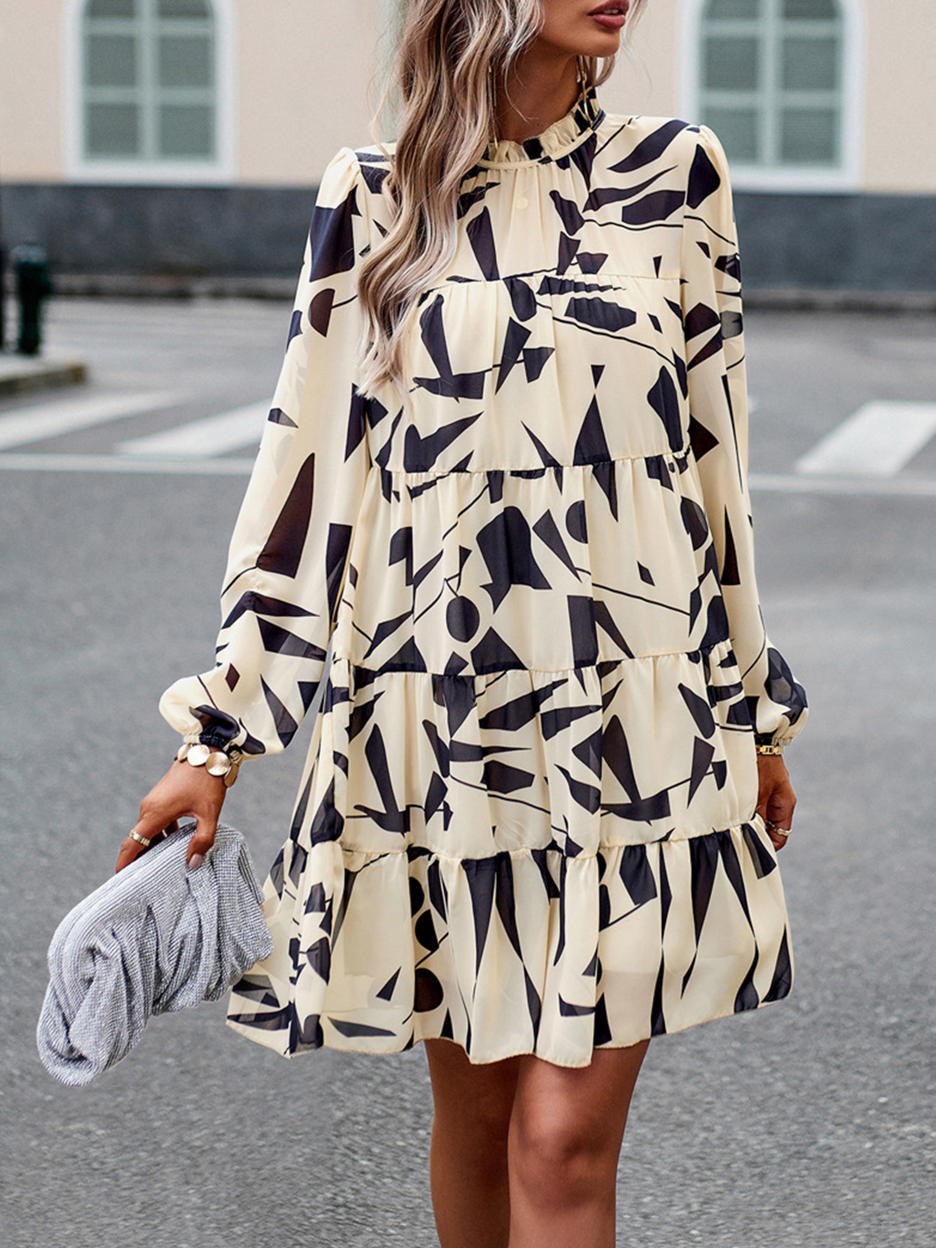 Cowl Elegant Floral Long Sleeves Apricot Wedding Guest Dress