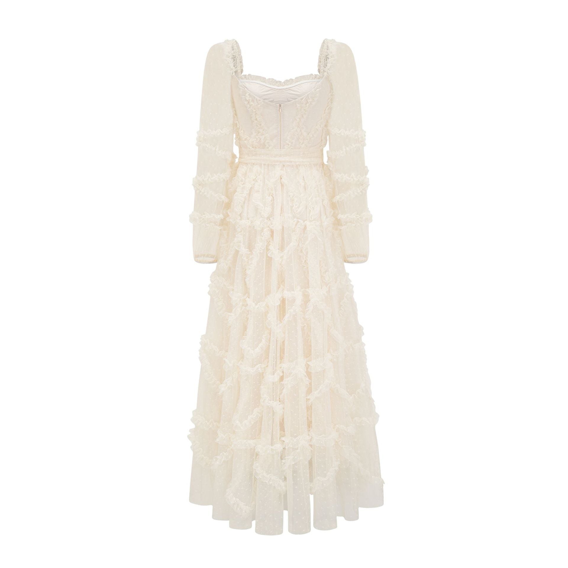 Apricot Sweetheart Polka Dot Tulle Long Sleeve Maxi Prom Dress with Bowknot