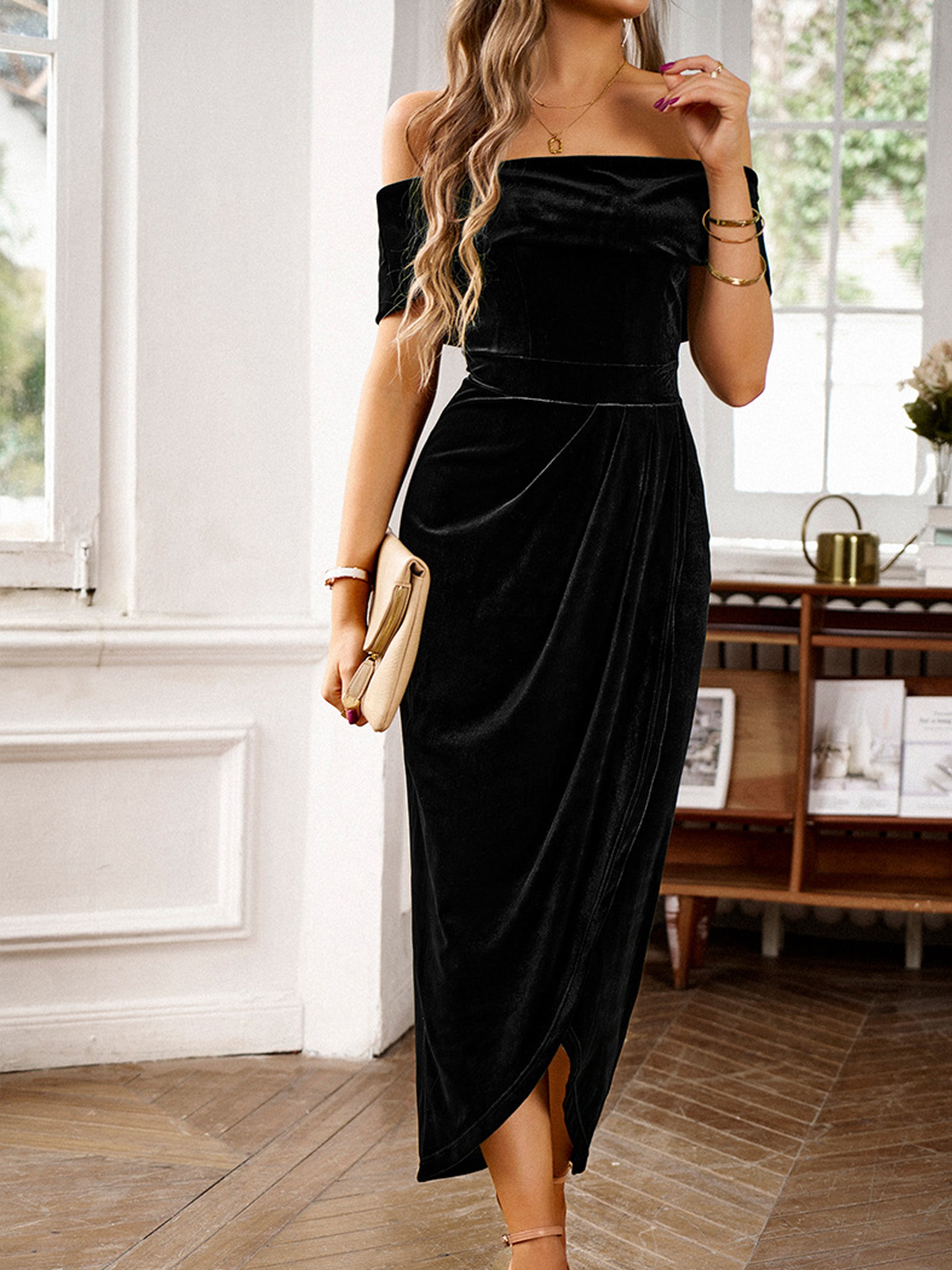 Off The Shoulder Strapless Velvet Long Black Wedding Guest Dress