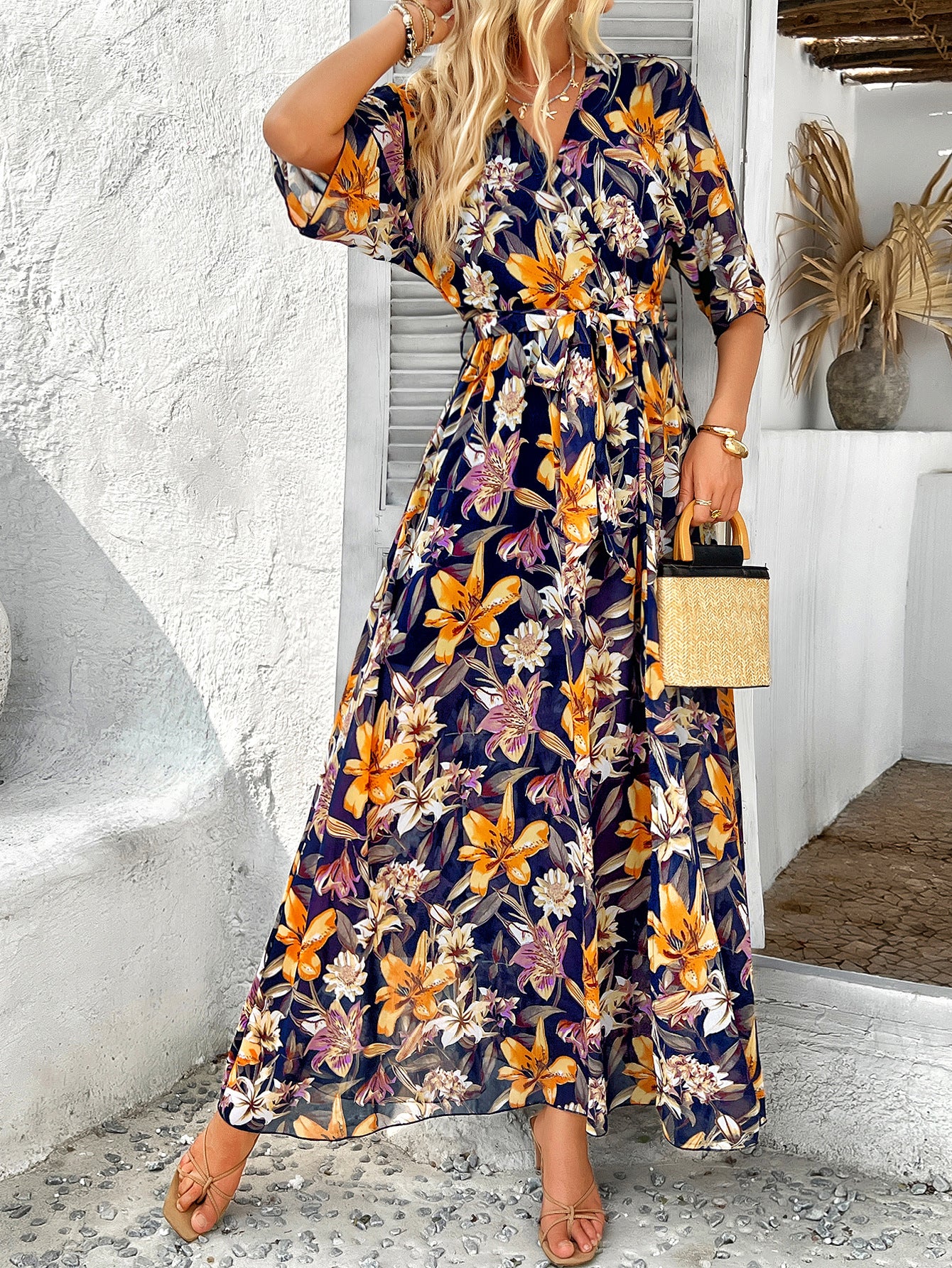 Half Sleeves V Neck A Line Strappy Waisted Dark Navy Wedding Guest Dress With Split