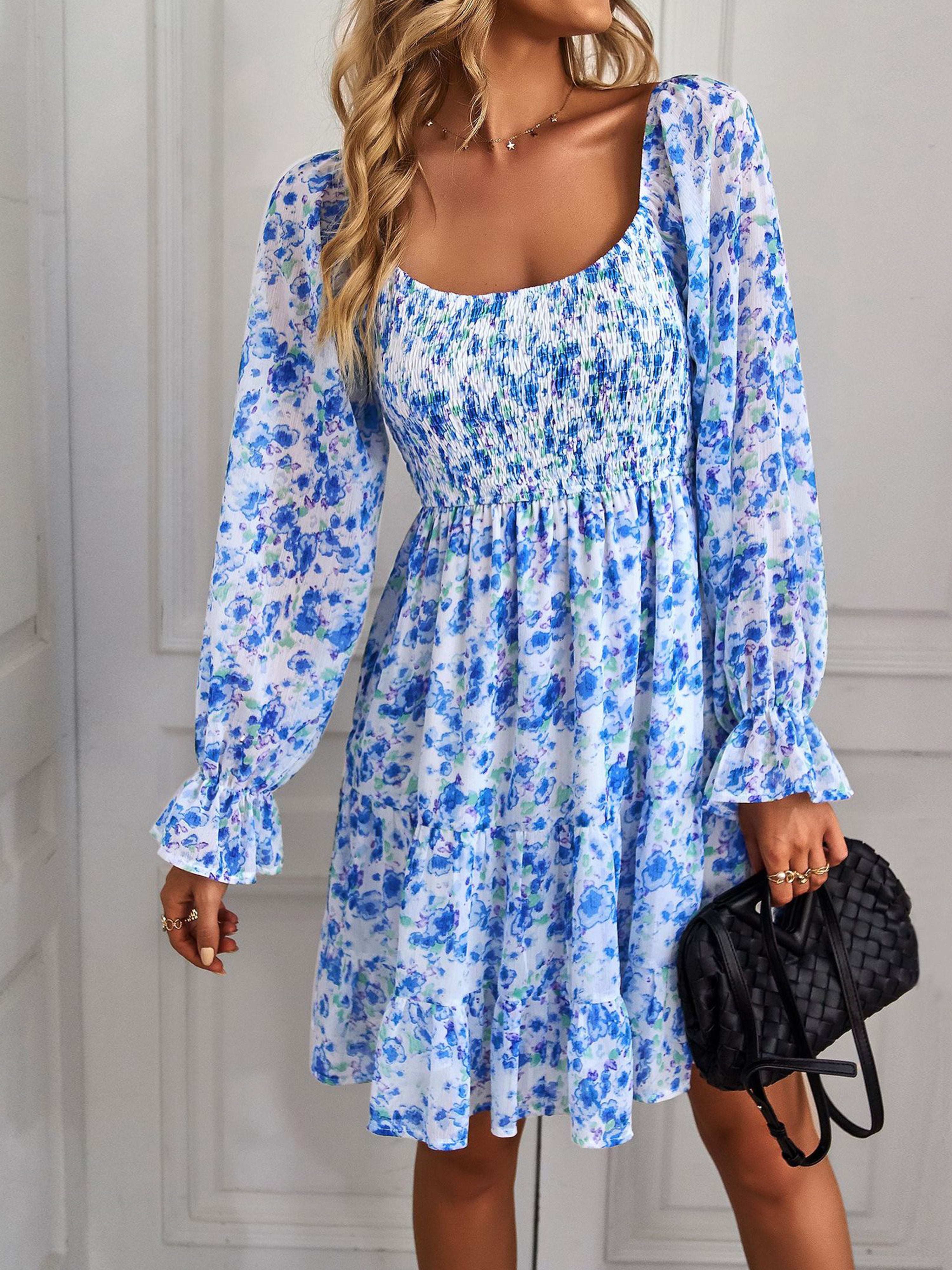 Off The Shoulder Sleeves U Neck Floral Wedding Guest Dress In Blue