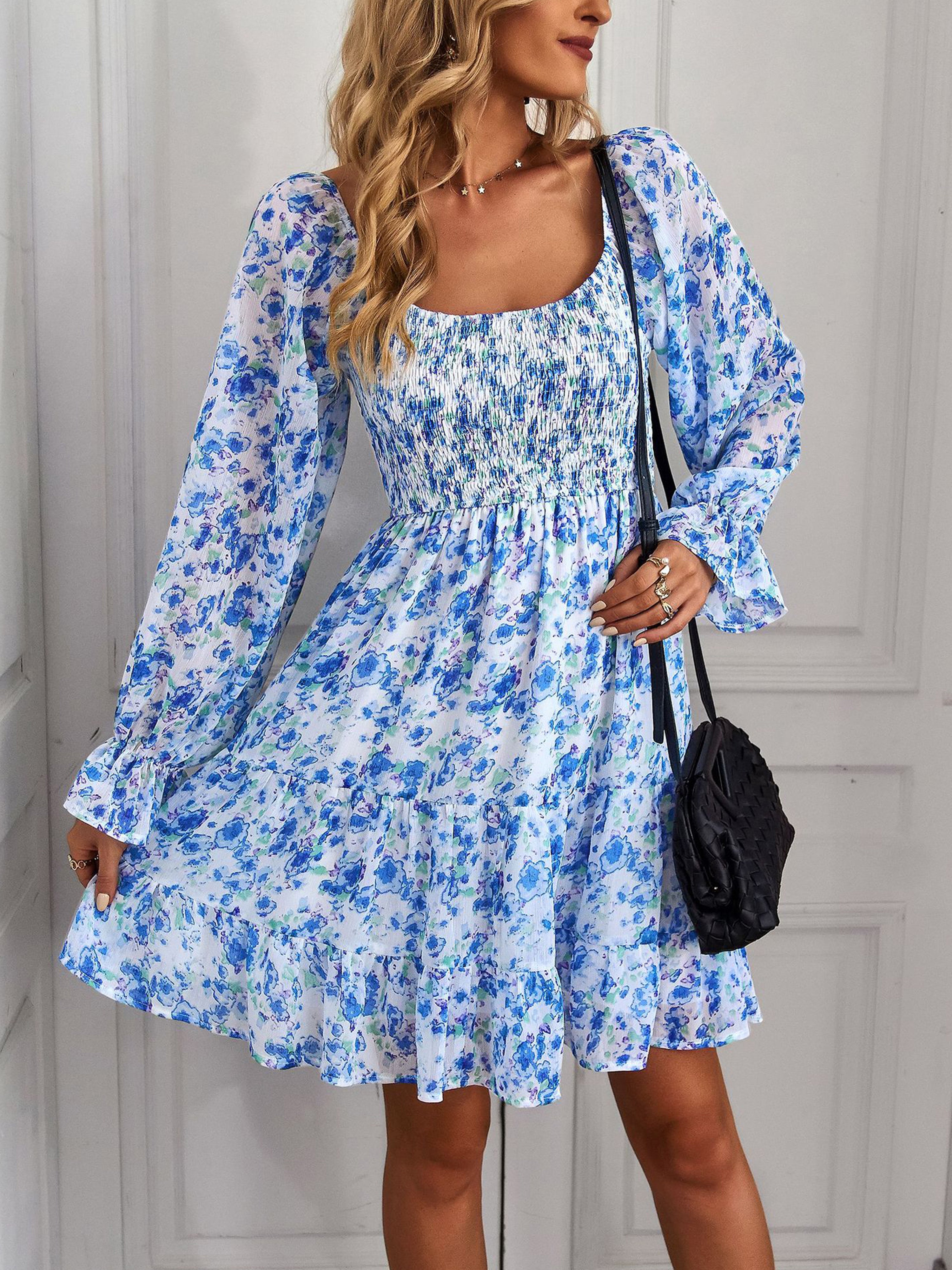 Off The Shoulder Sleeves U Neck Floral Wedding Guest Dress In Blue