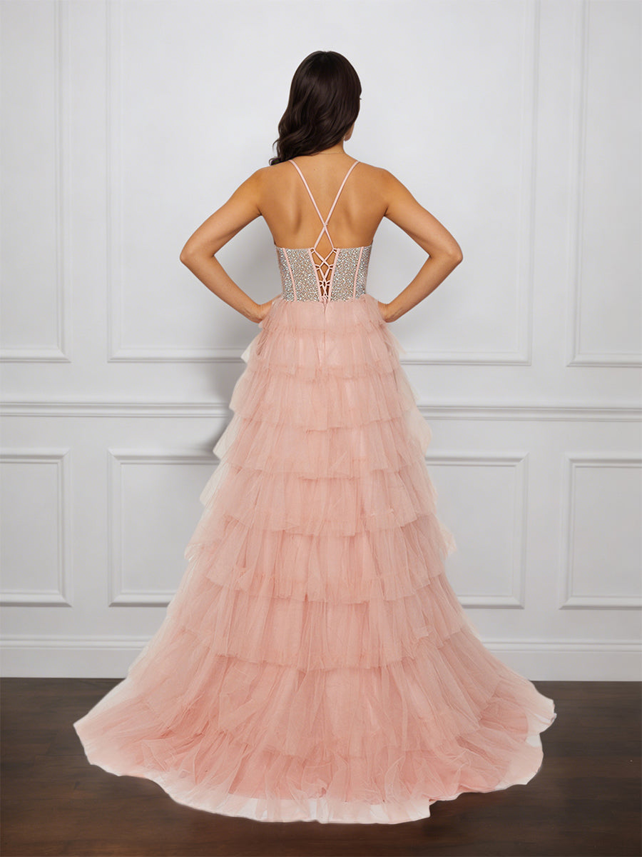 Cicinia Pearl Pink Prom Dresses Tulle Spaghetti Straps Layered Slit Long A-Line Evening Gowns
