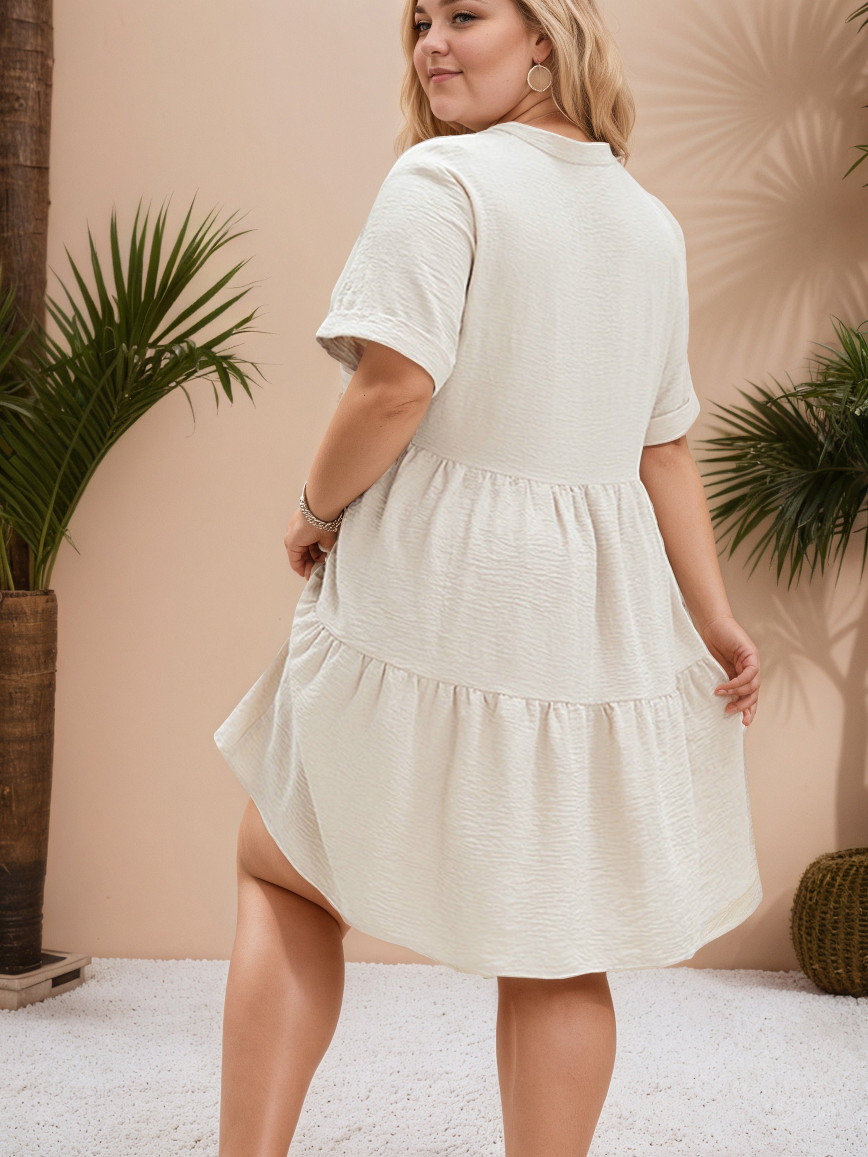 V-Neck Apricot Boho Knee Length Plus Size Dress