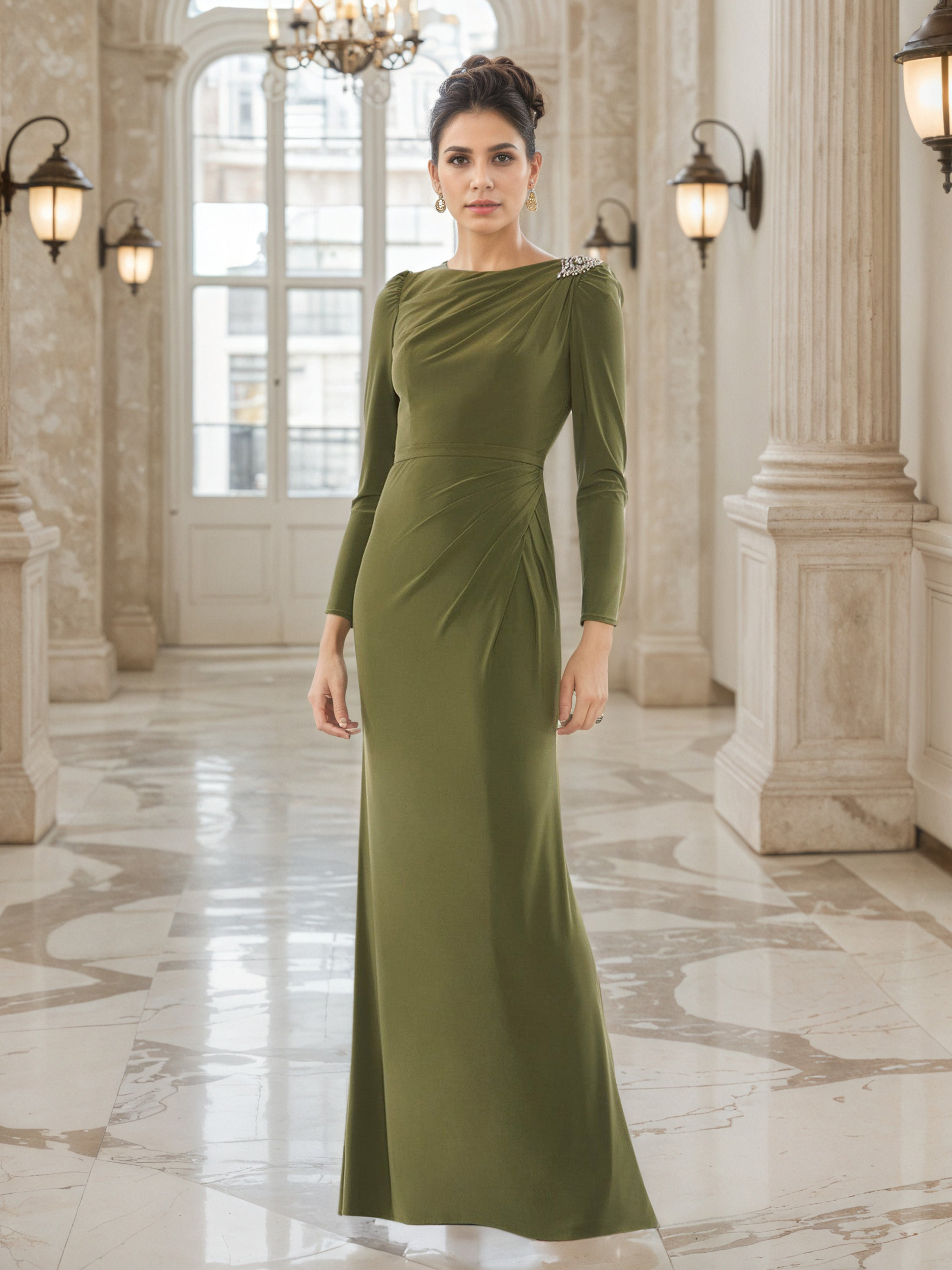 Sheath Embellished Shoulder Long Sleeves Olive Green Prom Dress UK Sheath Embellished Shoulder Long Sleeves Olive Green Prom Dress UK