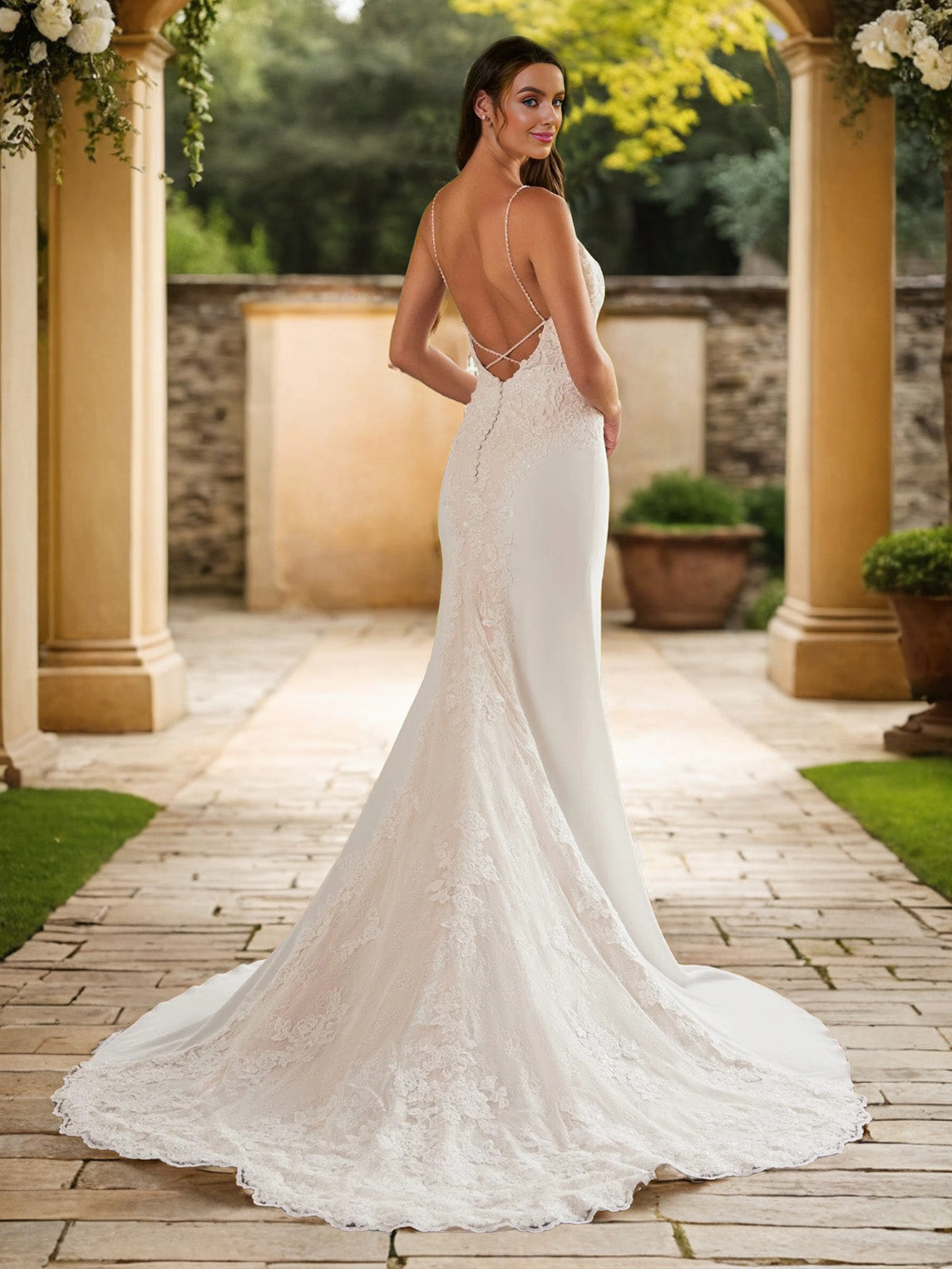 Elegant Sheath/Column Lace Halter Sleeveless Sweep/Brush Train Wedding Dress