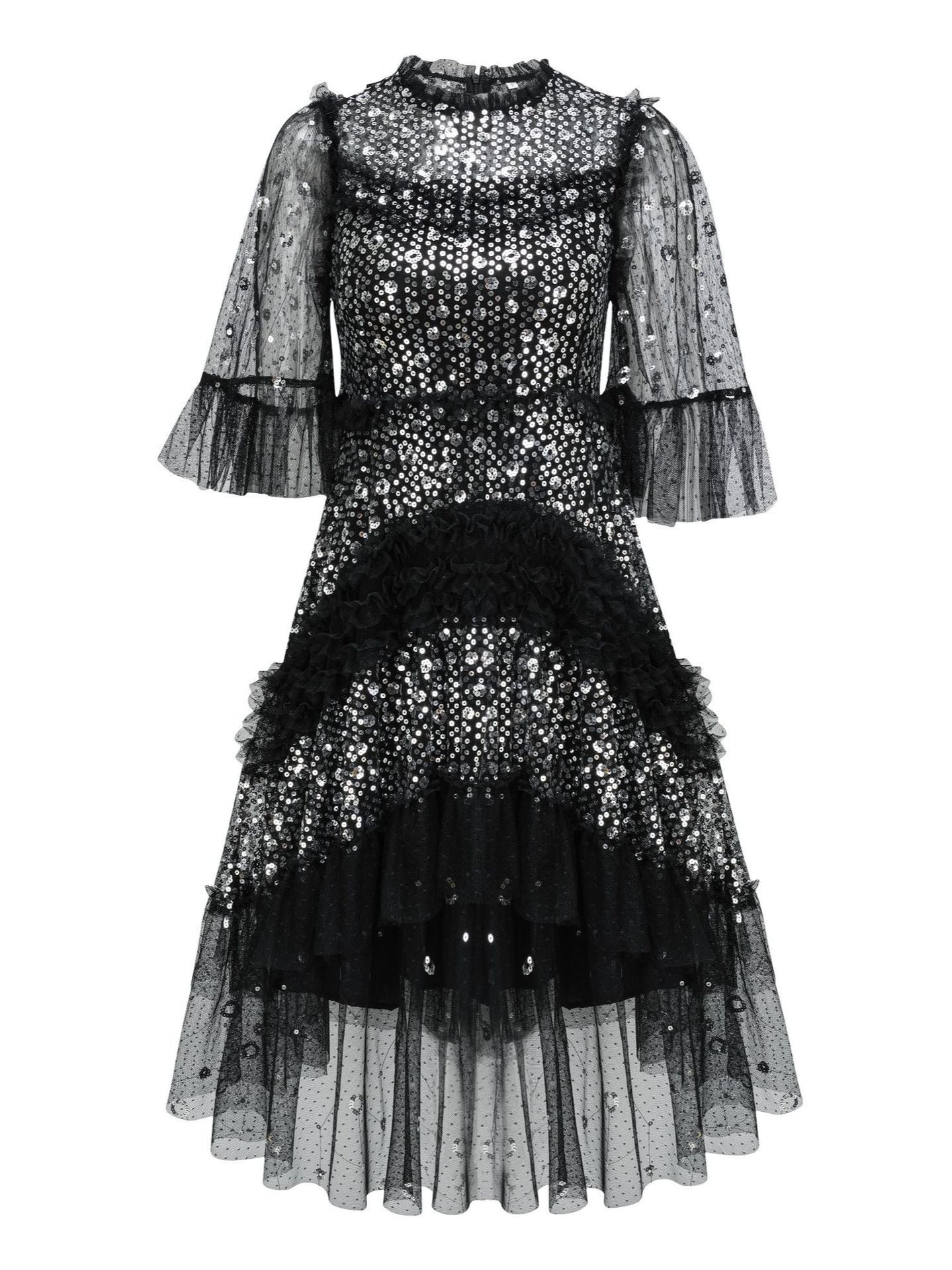 Black Shiny Glitter A Line Lace Round Neck Sequins Prom Dress