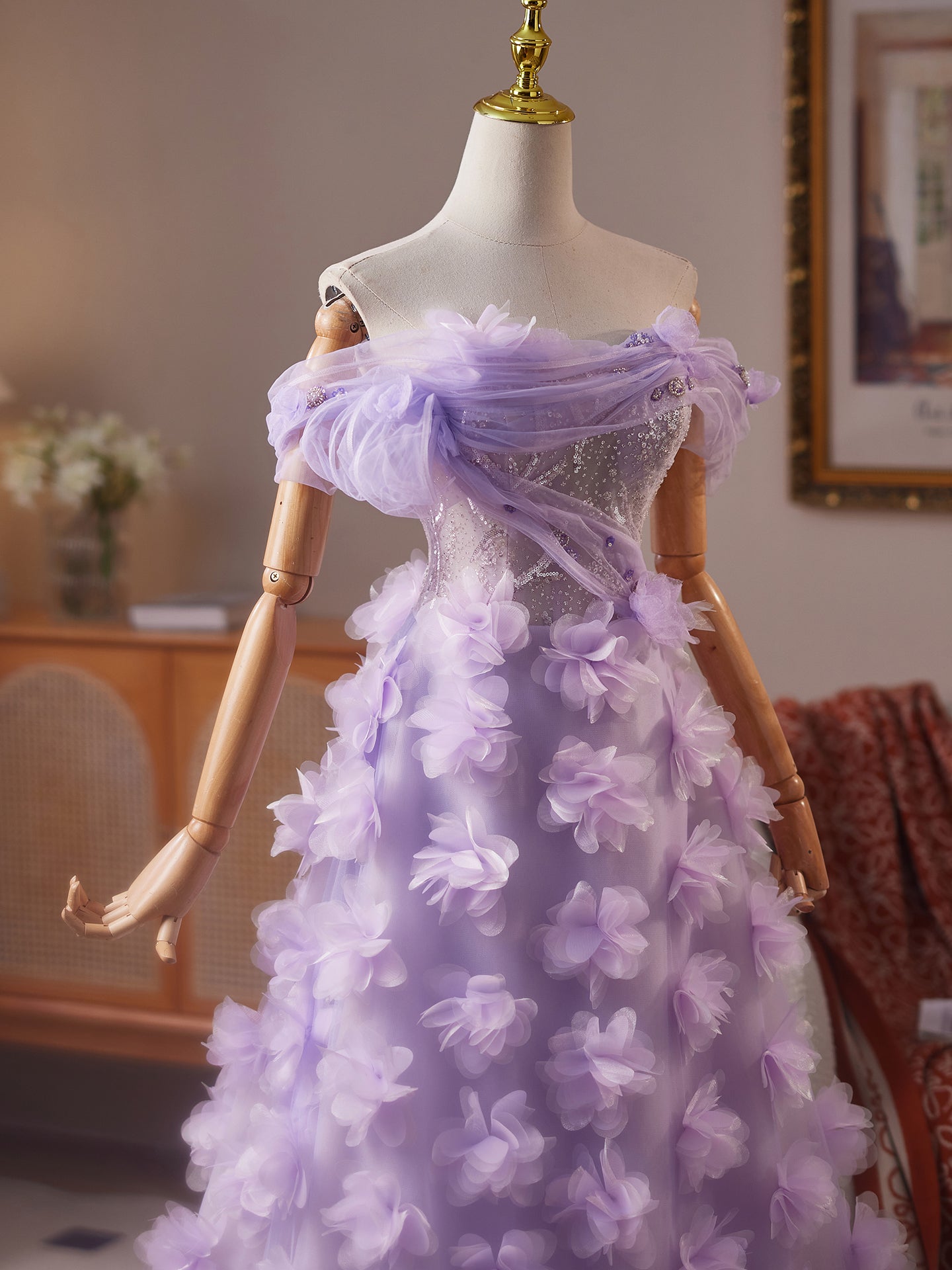 Gorgeous Lilac Tulle Flower Appliques A Line Homecoming Dress with Sequins
