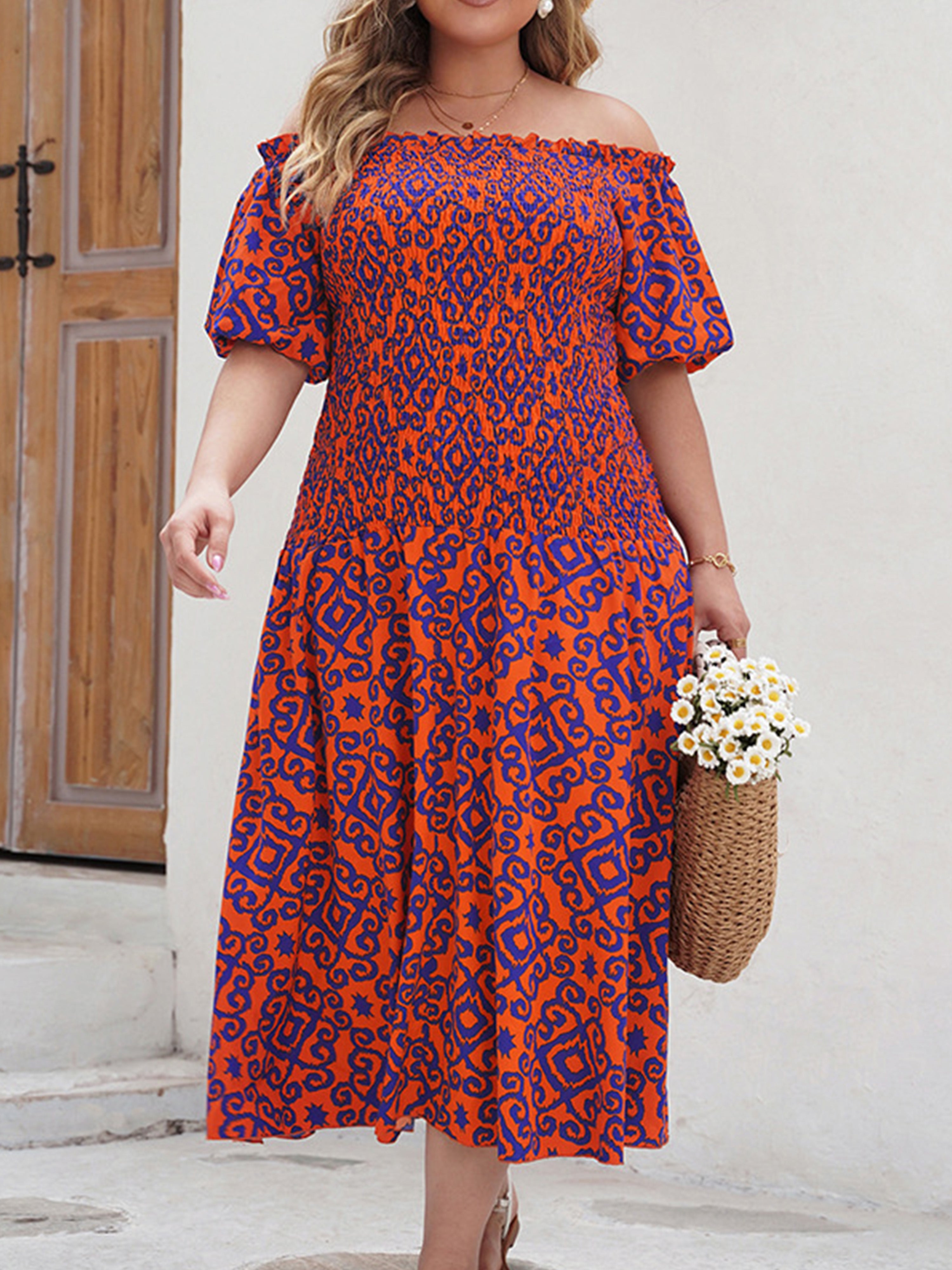 Off The Shoulder Graphic Printed Tea Length Plus Size Dress