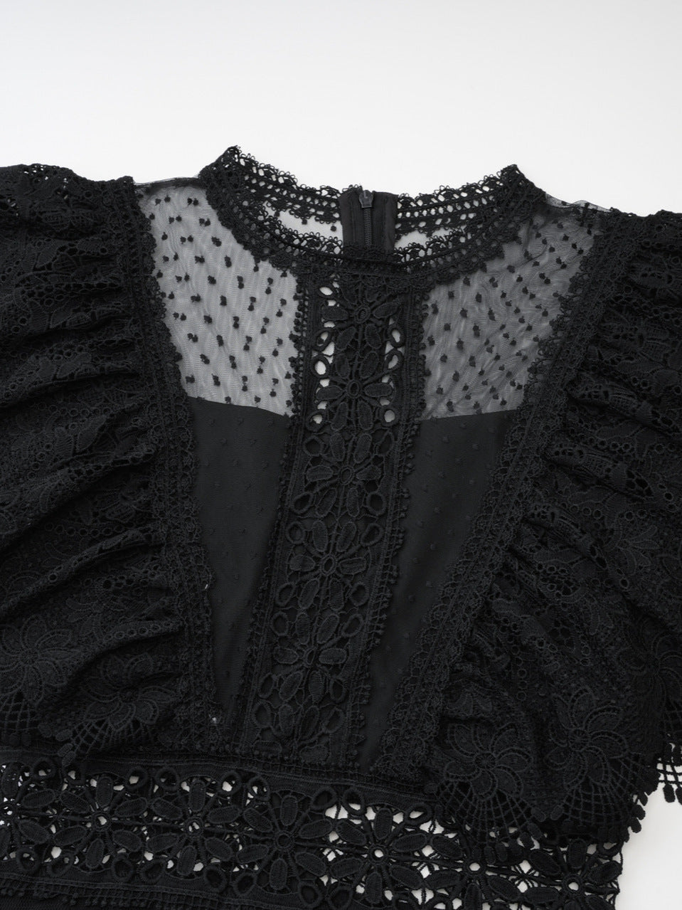 Black Round Neck Sleeves Waist Slimming Polka Dot Long Prom Dress