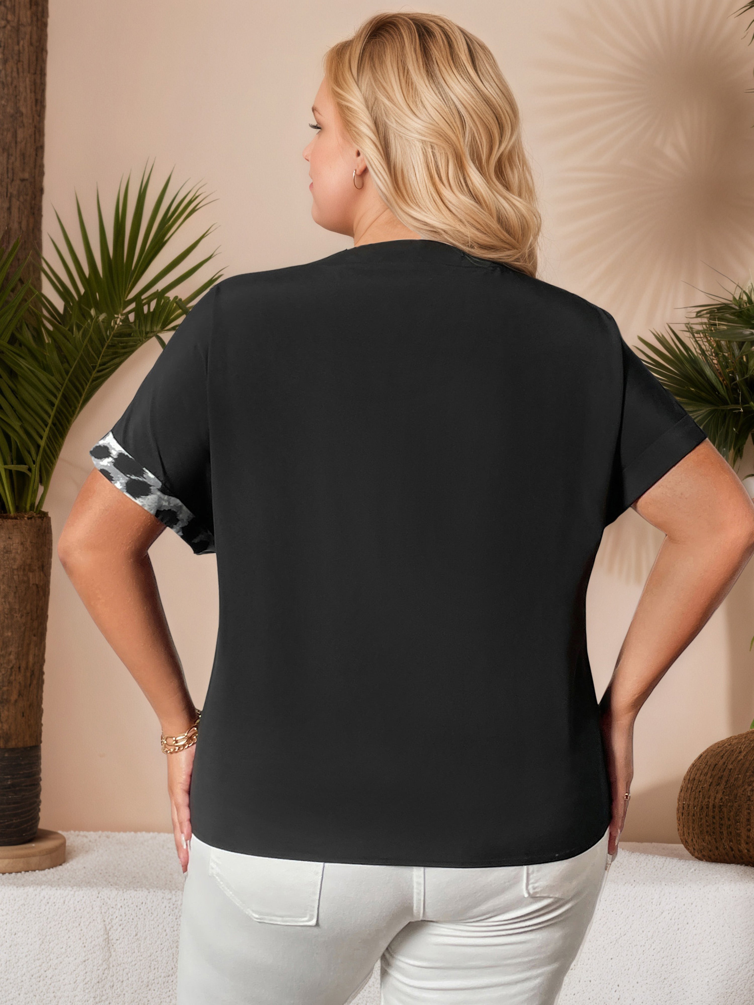 Plus Plain Patchwork Black Contrast Blouse