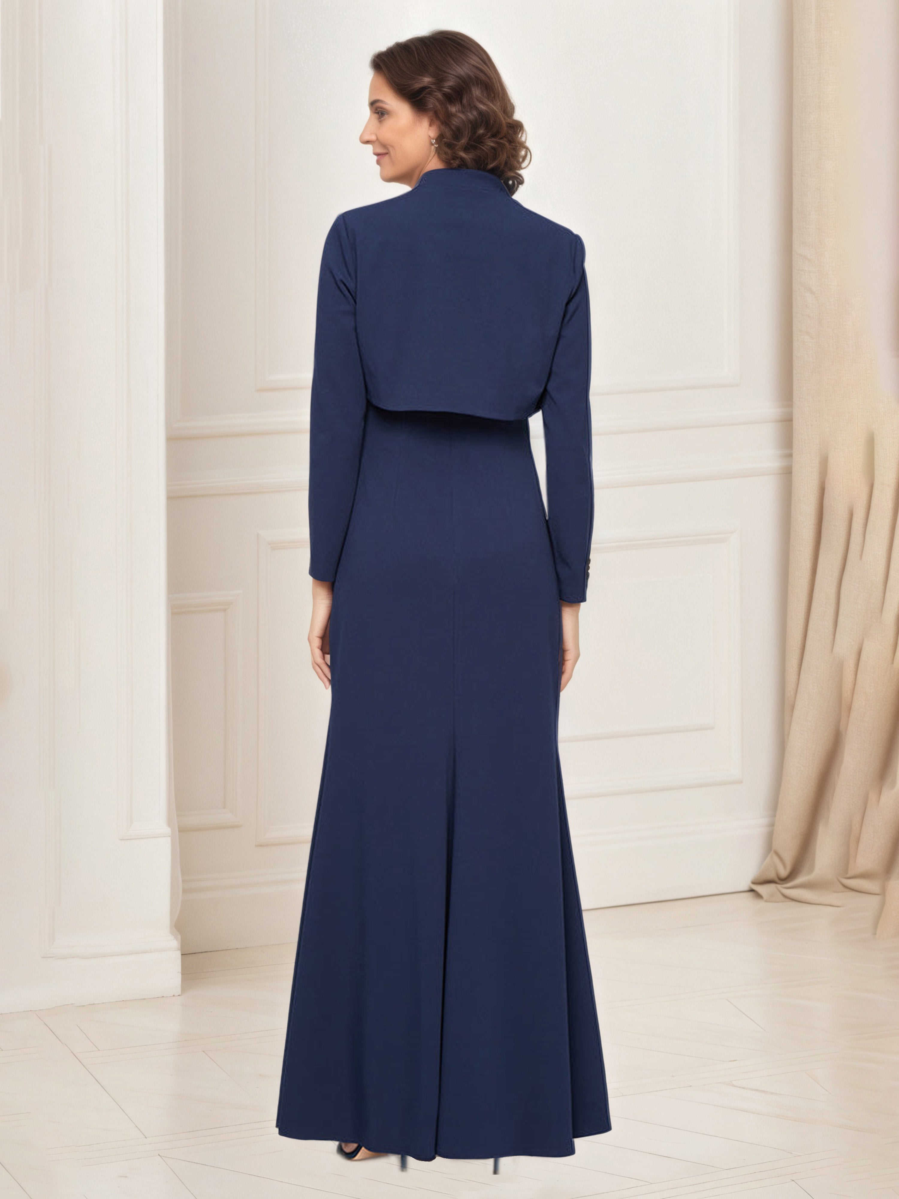Dark Navy Sheath Flower Neckline Detail Mother Of The Bride Dress with Jacket