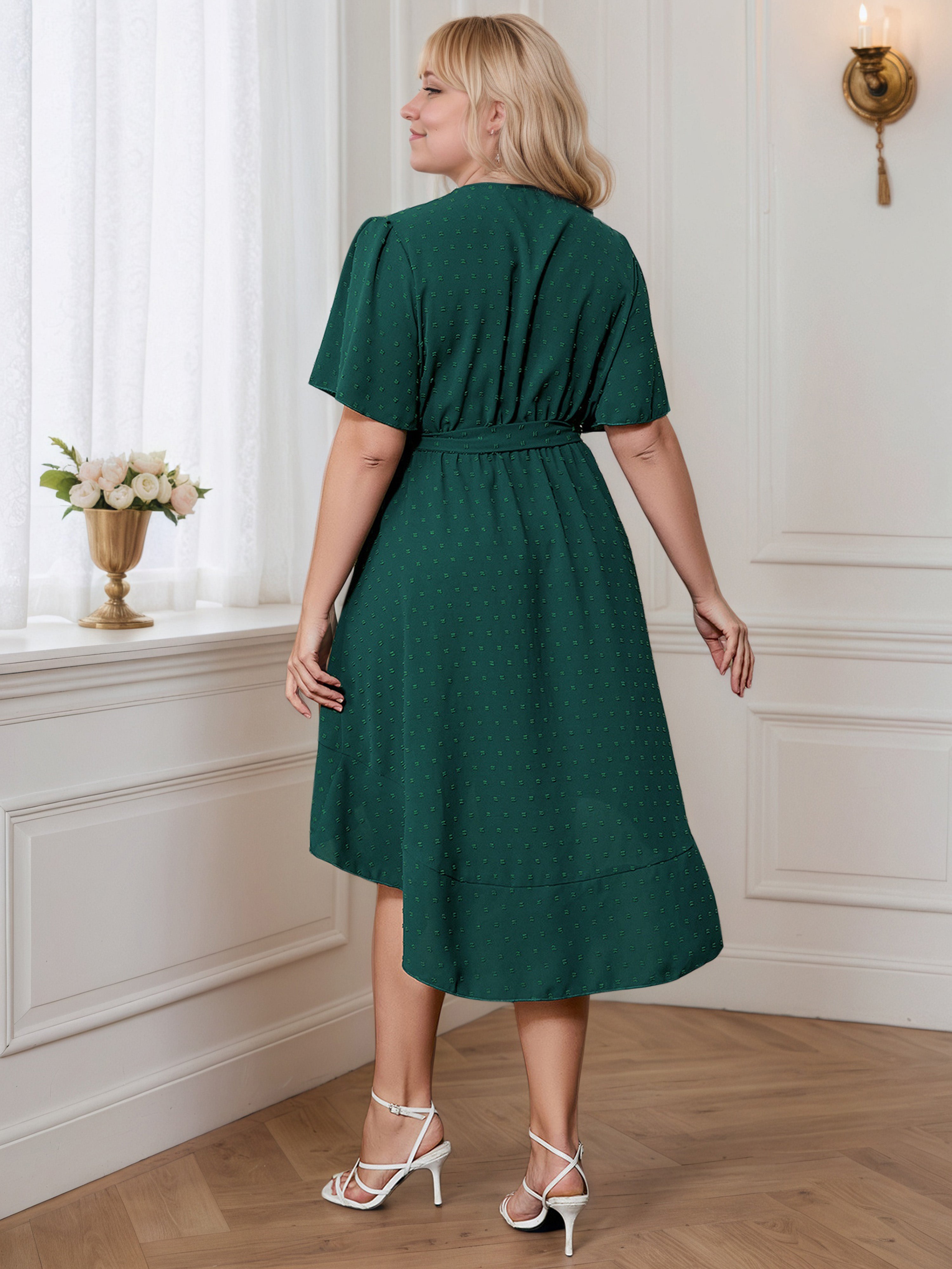High-Low Peacock V-Neck Plus Size Dress