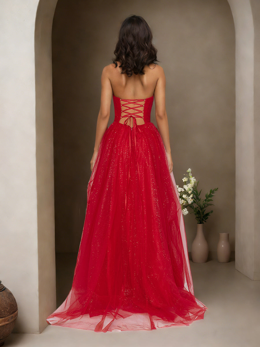 Cicinia Red Prom Dresses Glitter Tulle A-Line Strapless Sweep Train Evening Gowns