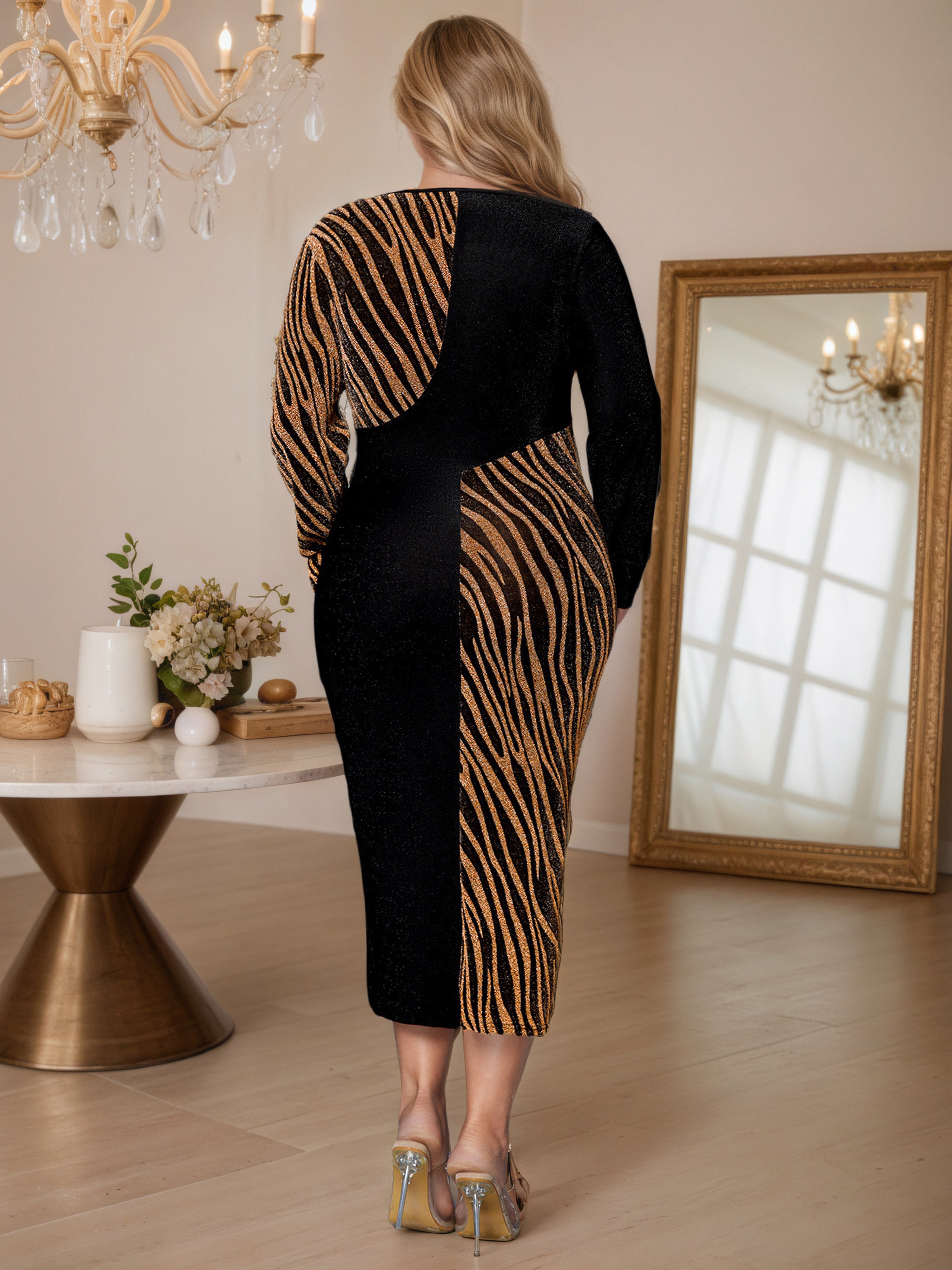 Leopard Contrast Sheath Long Sleeves Plain Patchwork Plus Size Dress