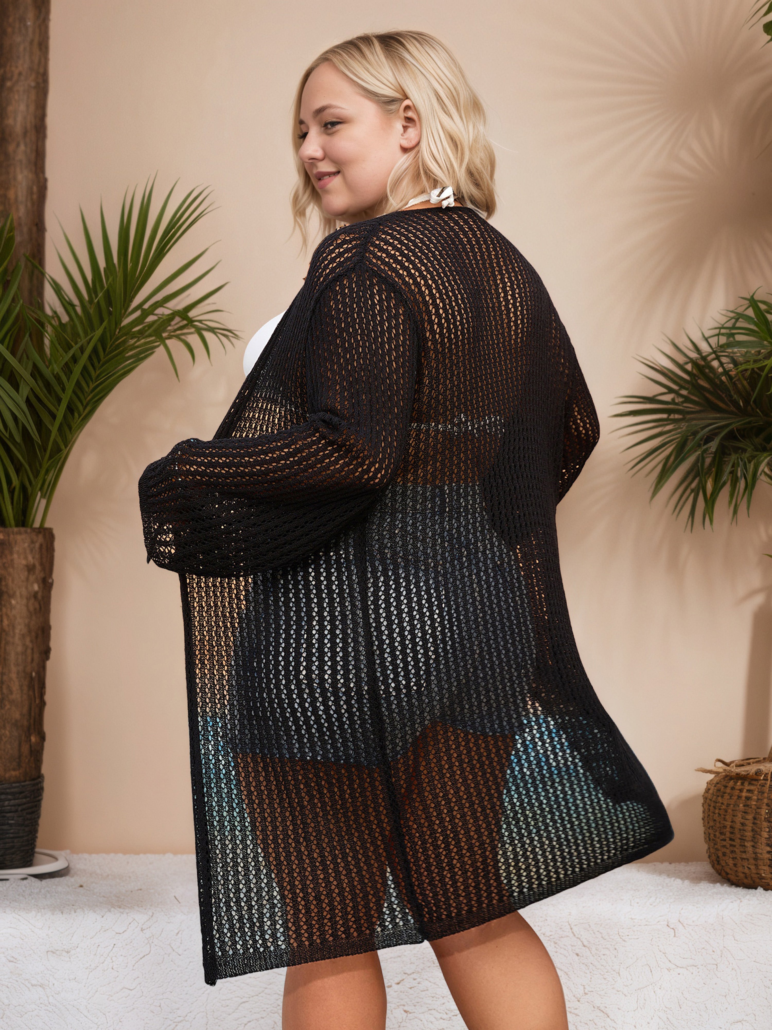 Black Plus Beige Tie Front Crochet Long Cover Up