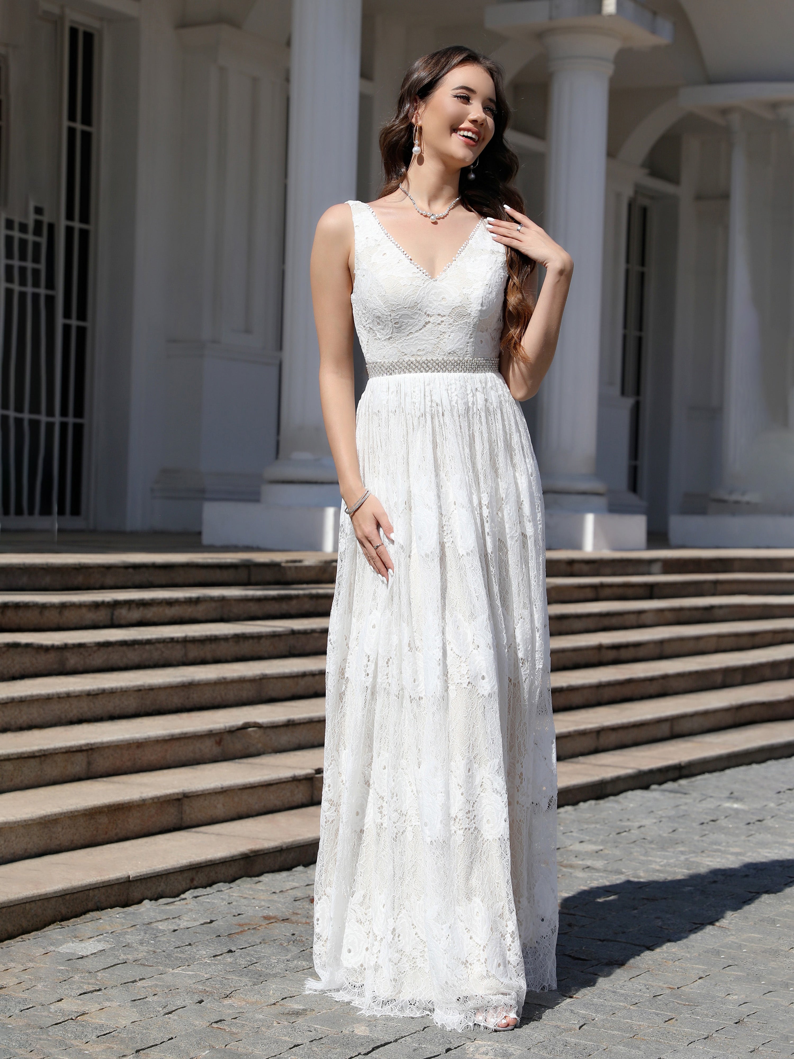 Floor Length A Line Lace Sleeveless V Neck Wedding Dress