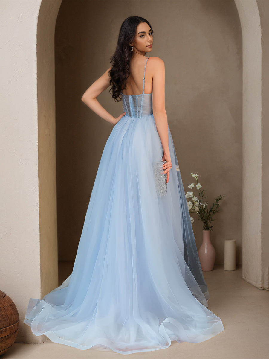 Cicinia Sky Blue Prom Dresses Tulle Spaghetti Straps A-Line Sweep Train Fairy Dress