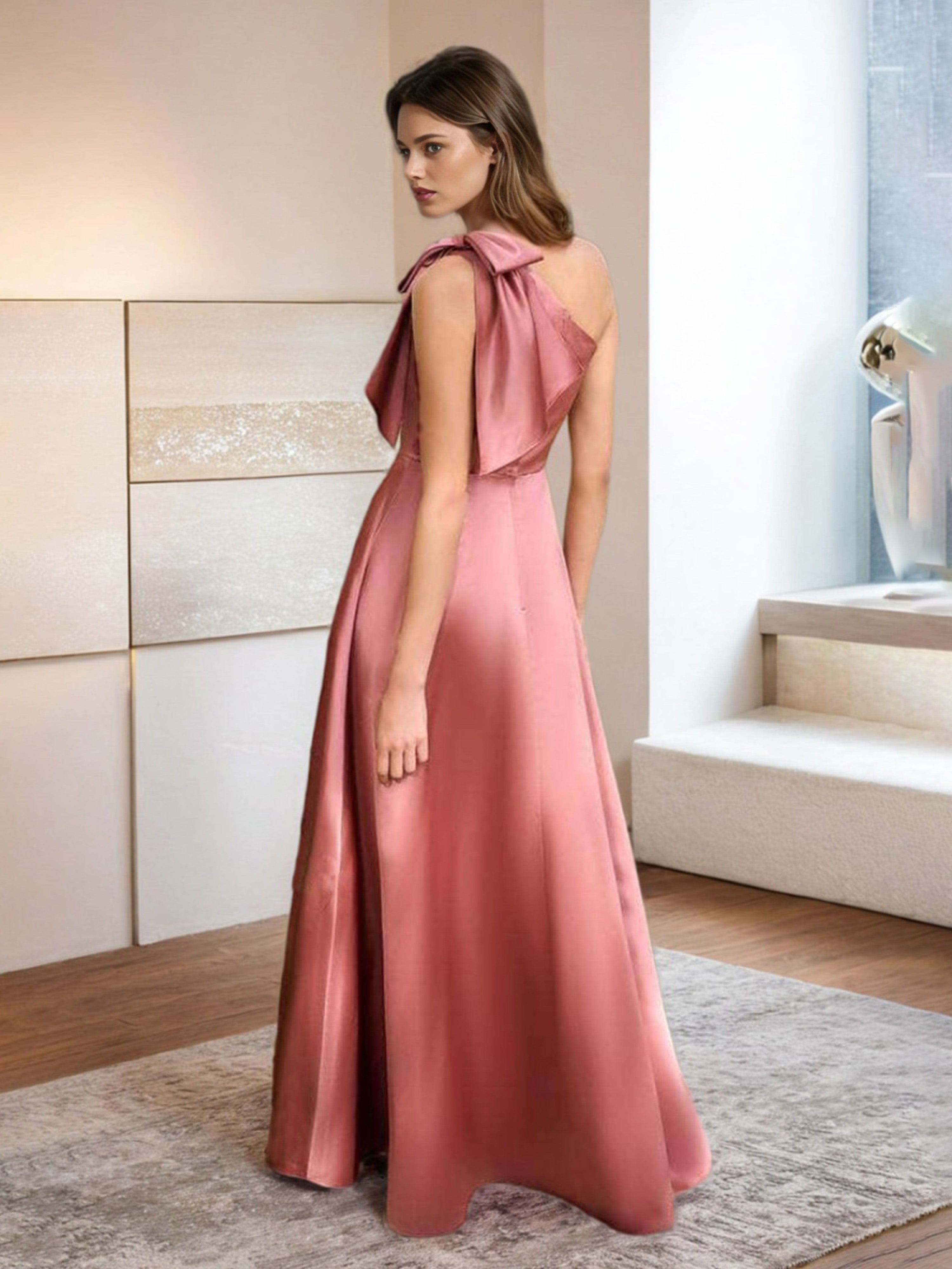 Watermelon Coloured Prom Dresses Elegant One Shoulder Bowknot A Line Prom Dresses With Slit