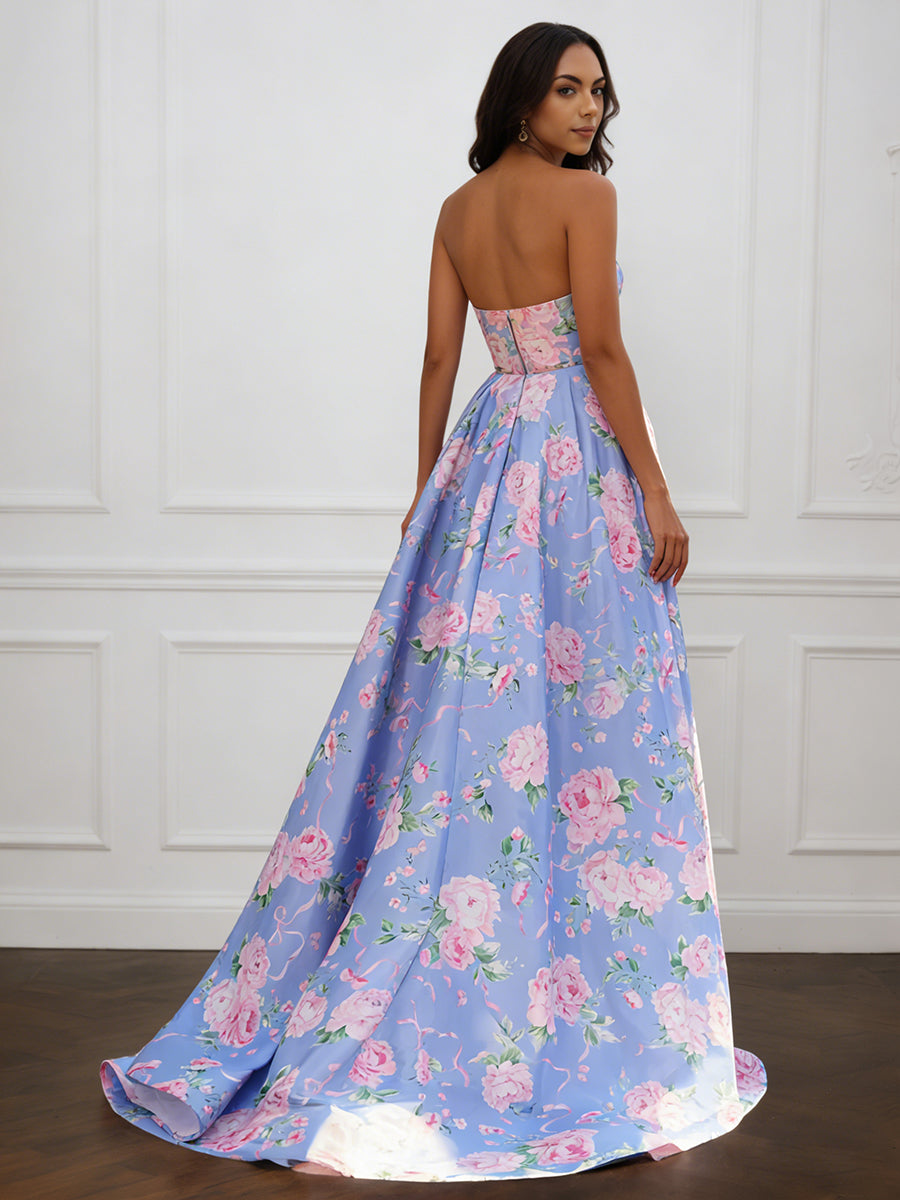 Cicinia Blue Prom Dress Floral Printed Fabric Strapless A-Line Slit Evening Gowns