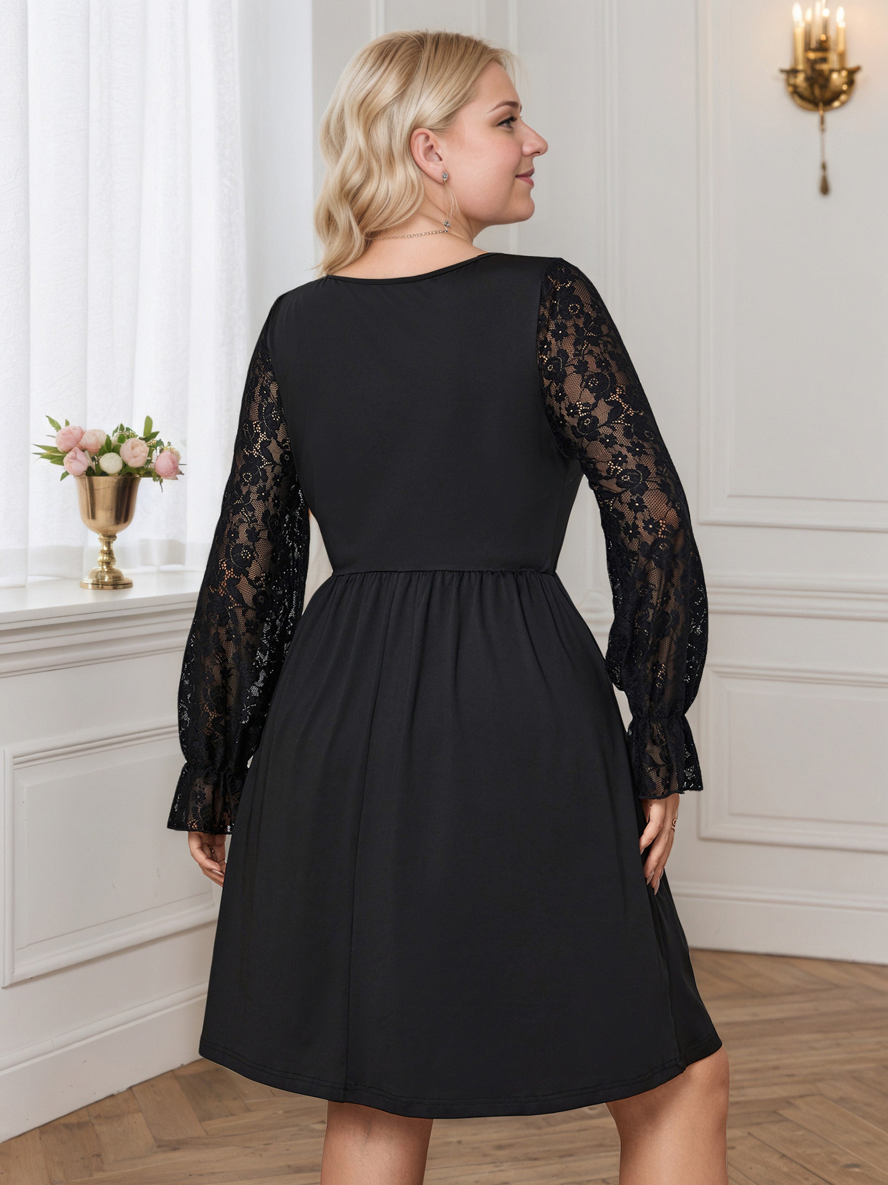 Black Round Neck Plus Size Dress with Illusion Lace Long Sleeves