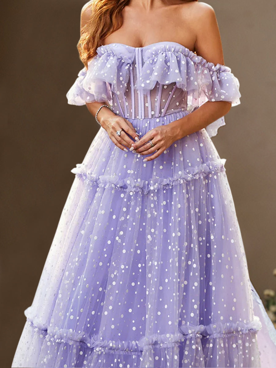 Cicinia Lilac Prom Dresses Polka Dot Tulle A-Line Ruffle Off The Shoulder Long Princess Gown