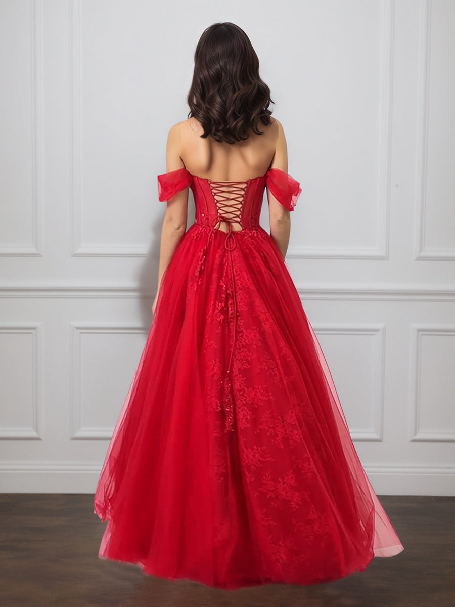 Cicinia Red Prom Dresses Tulle A-Line Off The Shoulder Floor Length Evening Gown