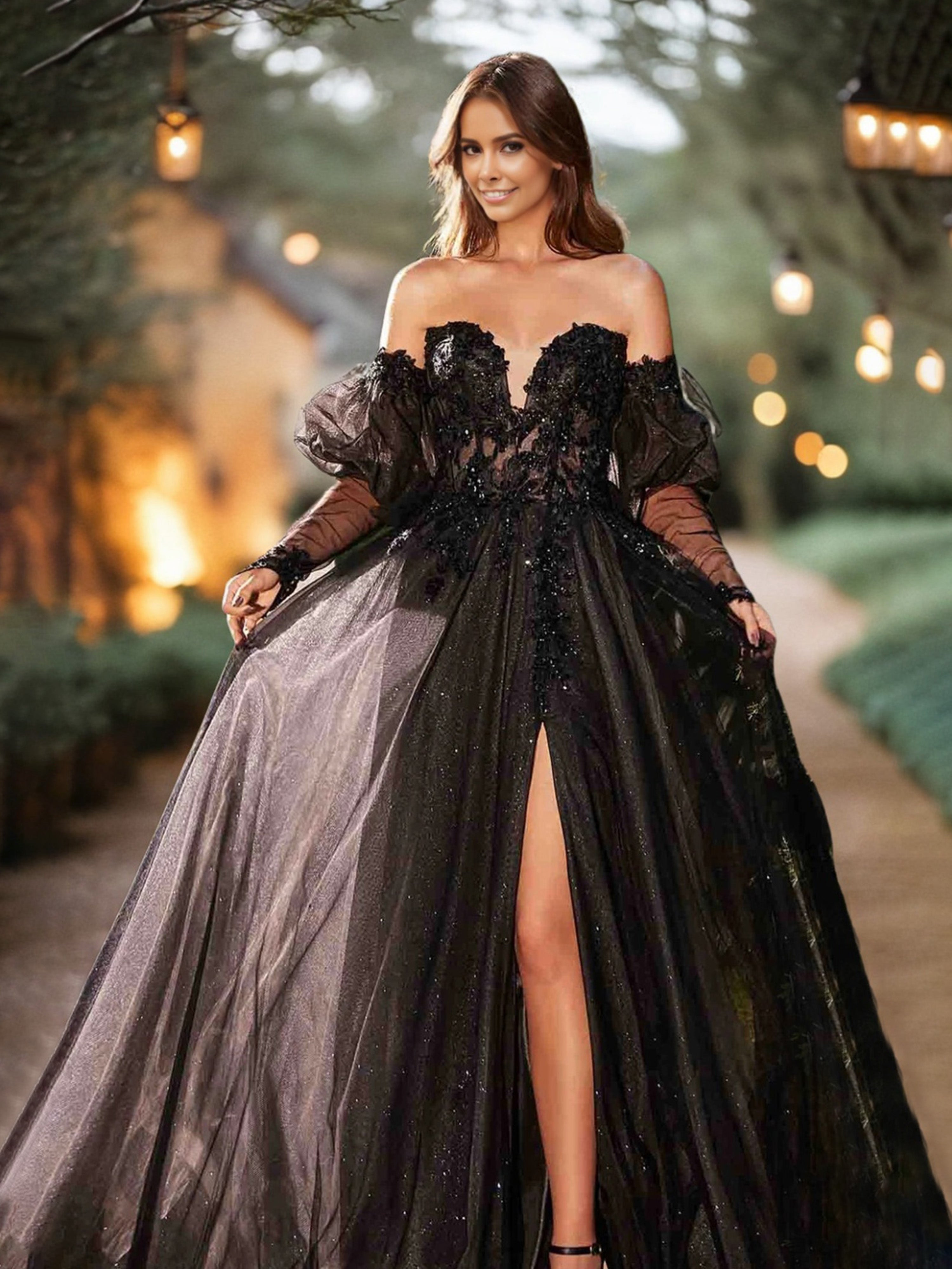 Black Prom Dress A Line Lace Appliques Shiny Tulle Prom Dress With Detachable Sleeves