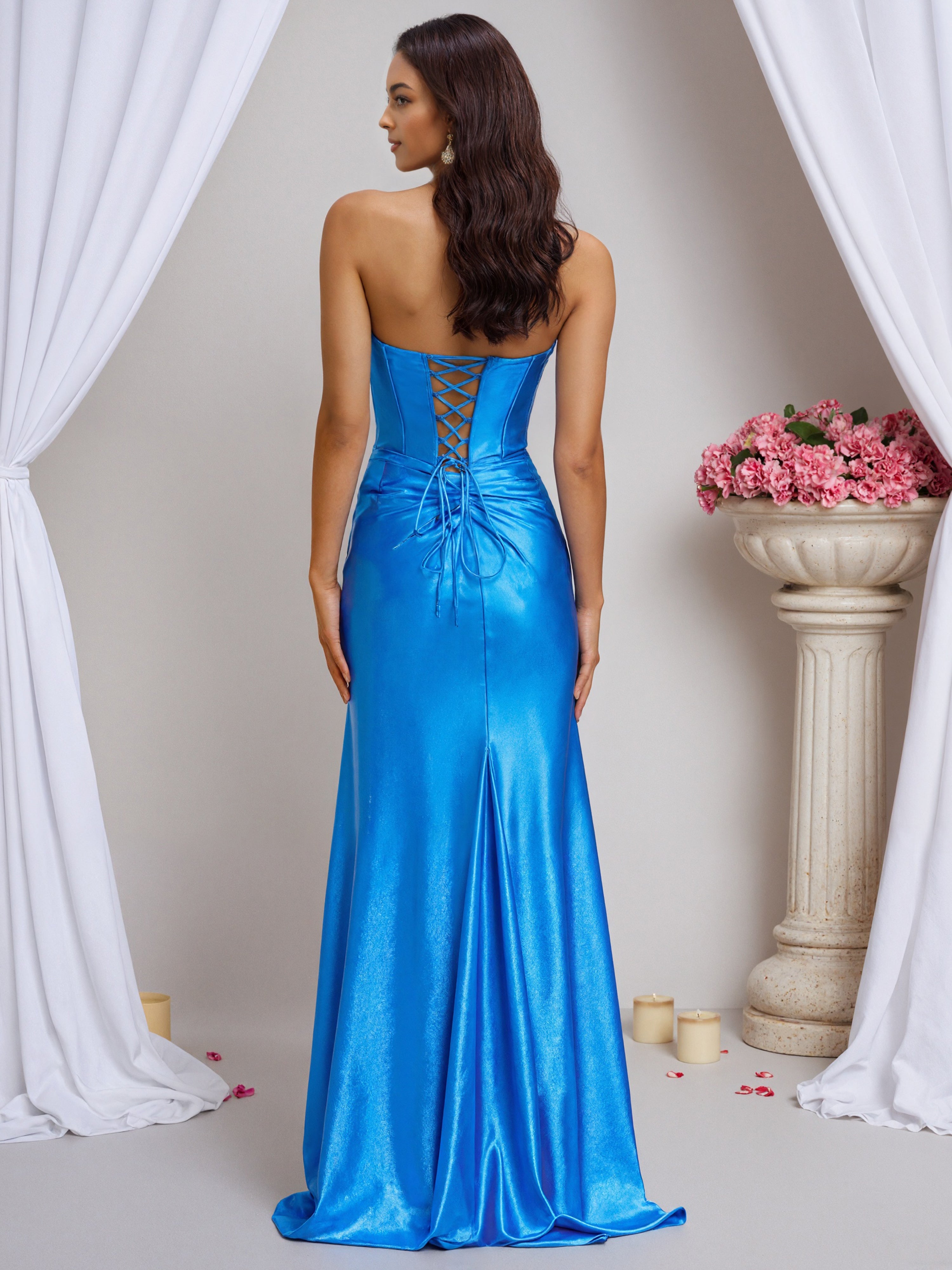 Ocean Blue Strapless Ruched Floor Length Prom Dress with Slit