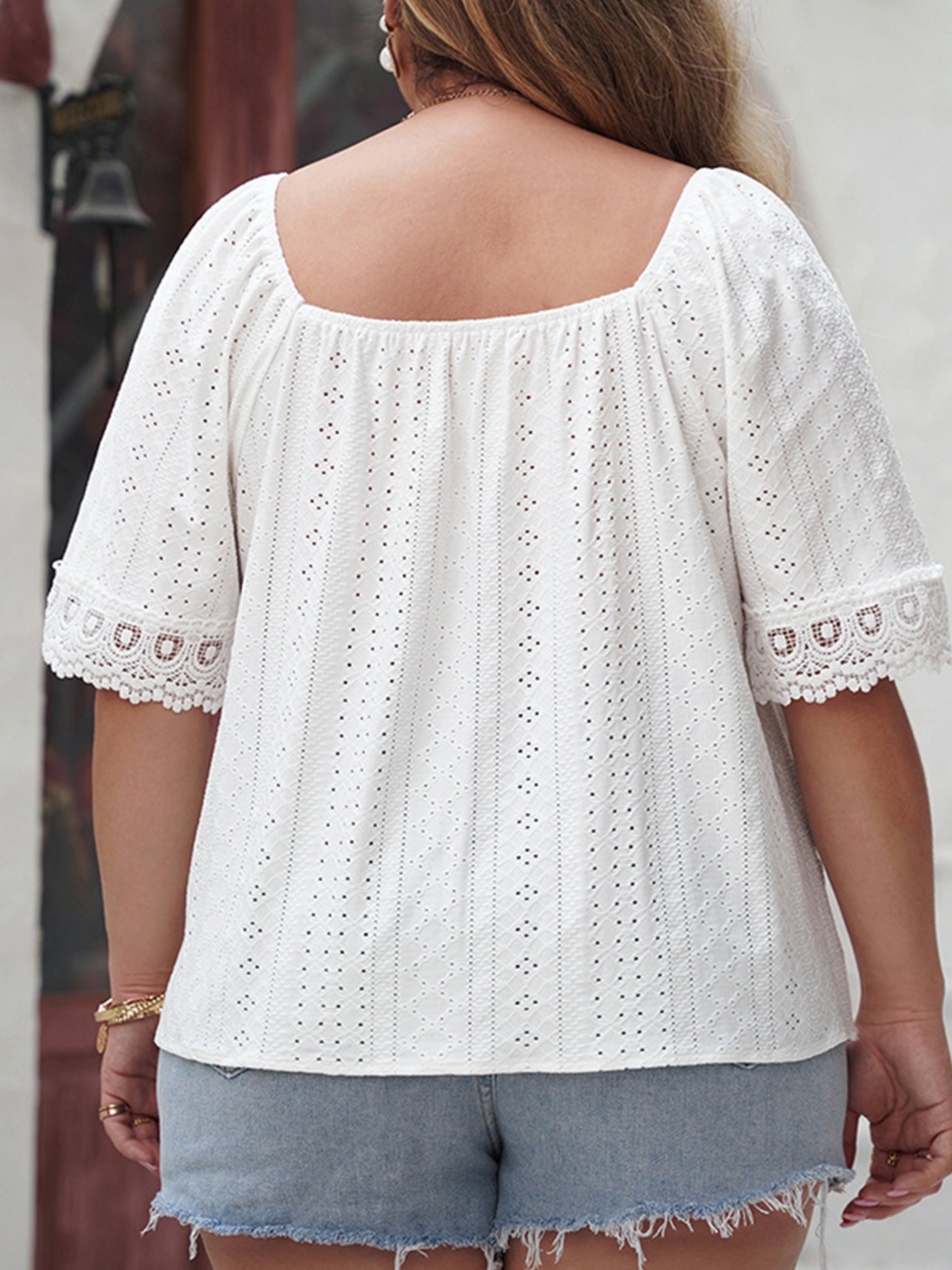 Plus Square Neckline Half Sleeves Ruffle Lace Blouse